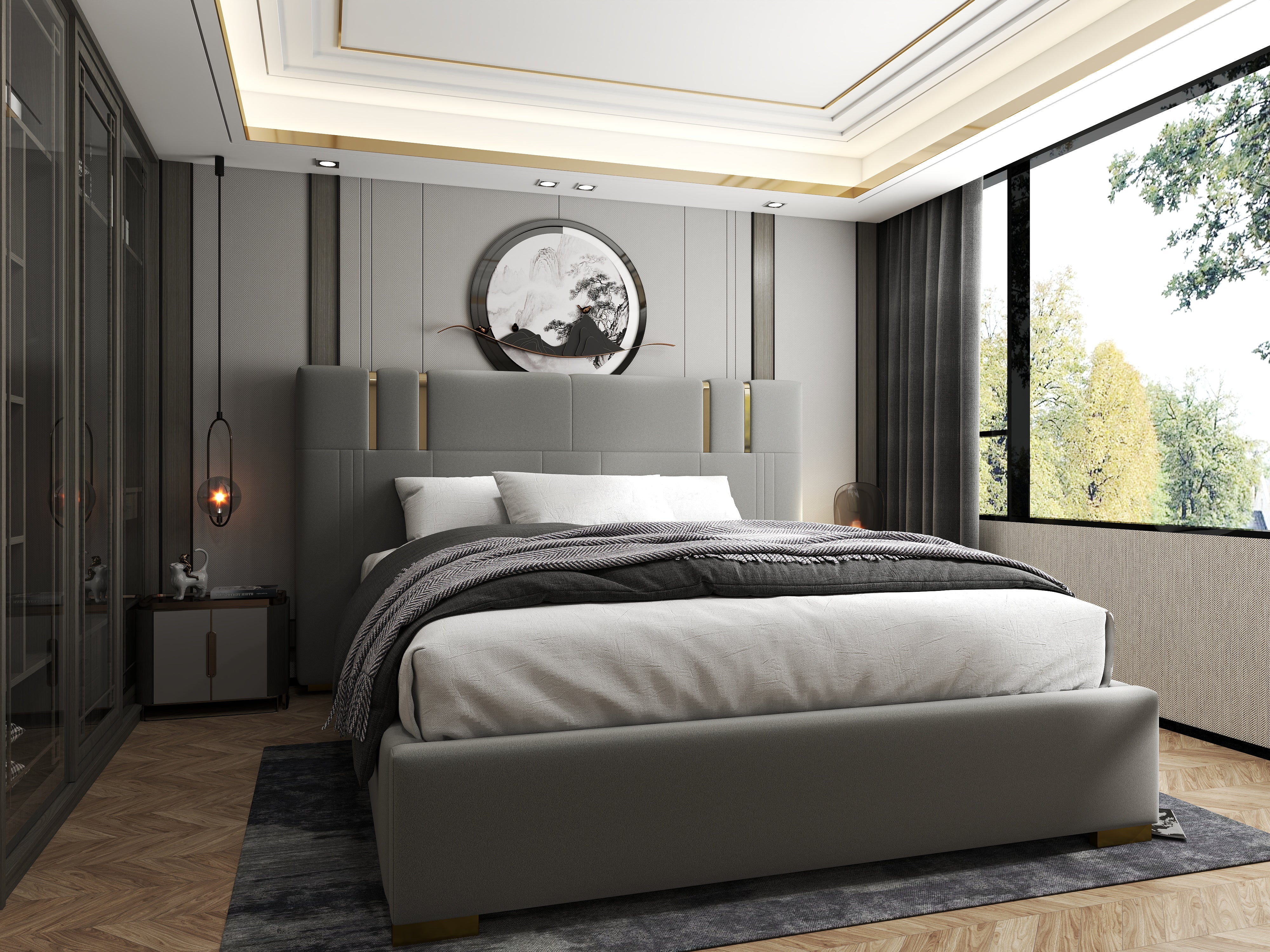 Pat dormitor dumonde, tapitat gri, Hamburg 180x200 cm, somiera rabatabila inclusa, spatiu depozitare WLS