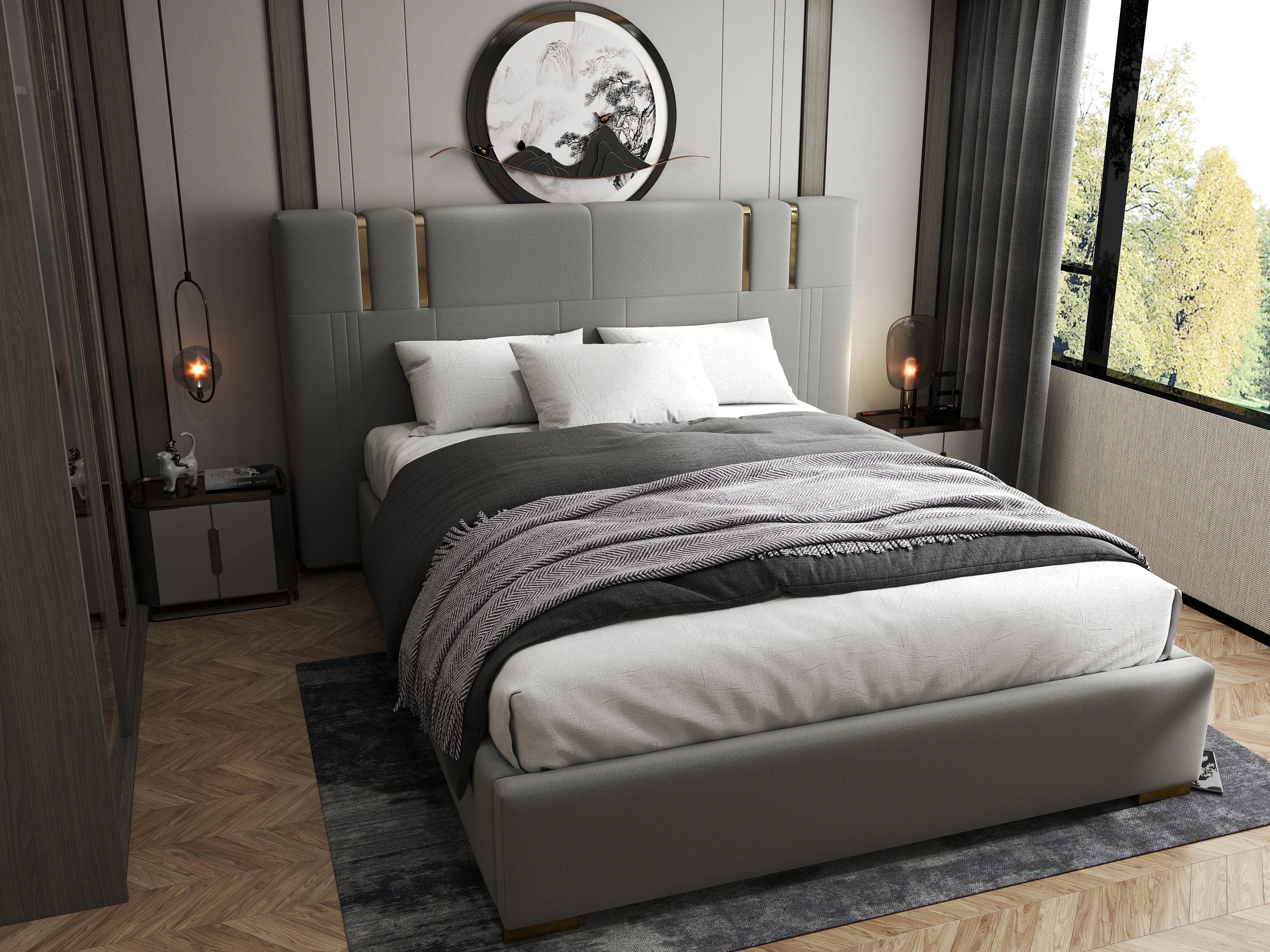 Pat dormitor dumonde, tapitat gri, Hamburg 180x200 cm, somiera rabatabila inclusa, spatiu depozitare WLS