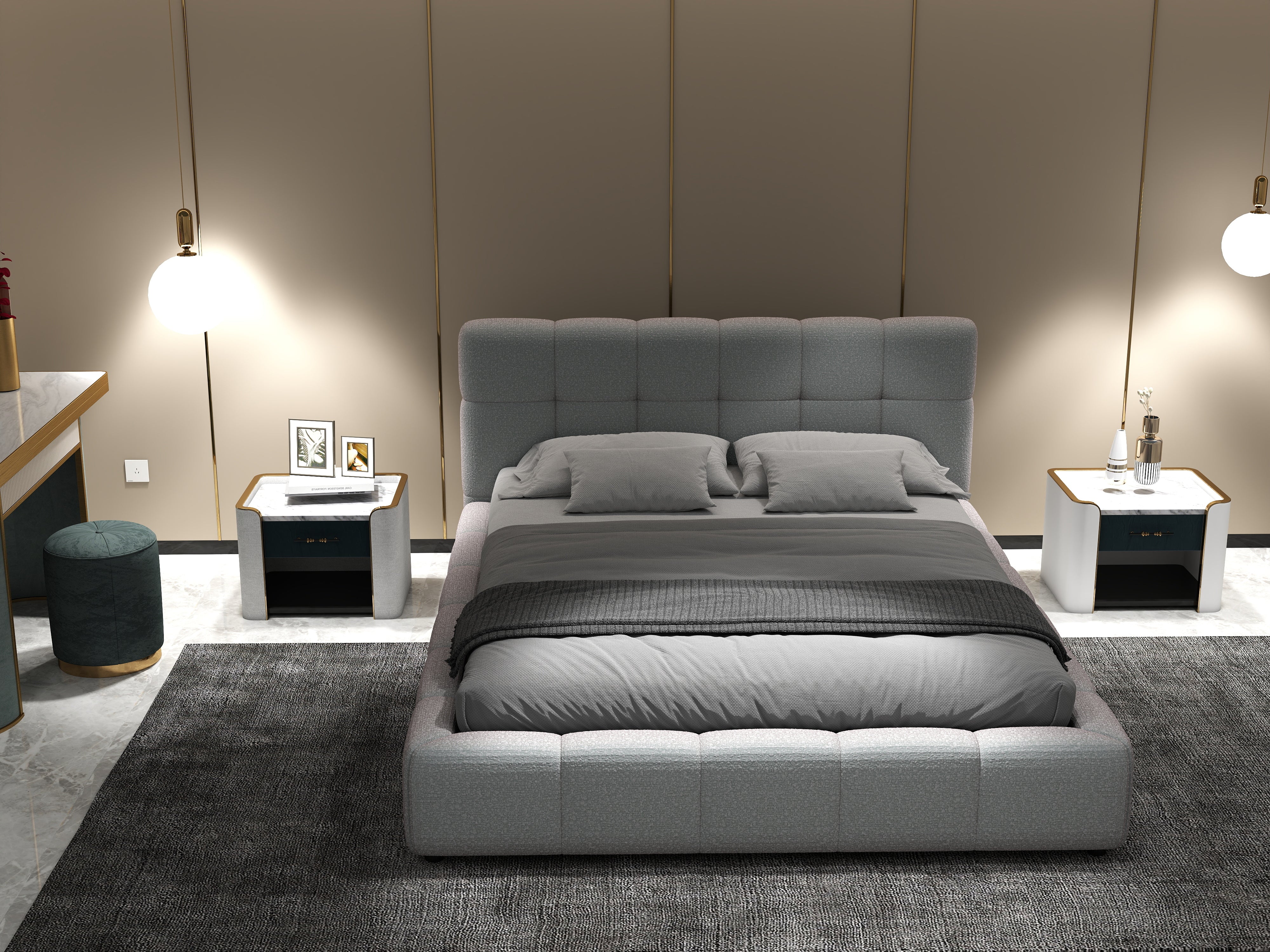 Pat dormitor dumonde, tapitat gri, Lorenzo 160x200 cm, somiera rabatabila inclusa, spatiu depozitare WLS