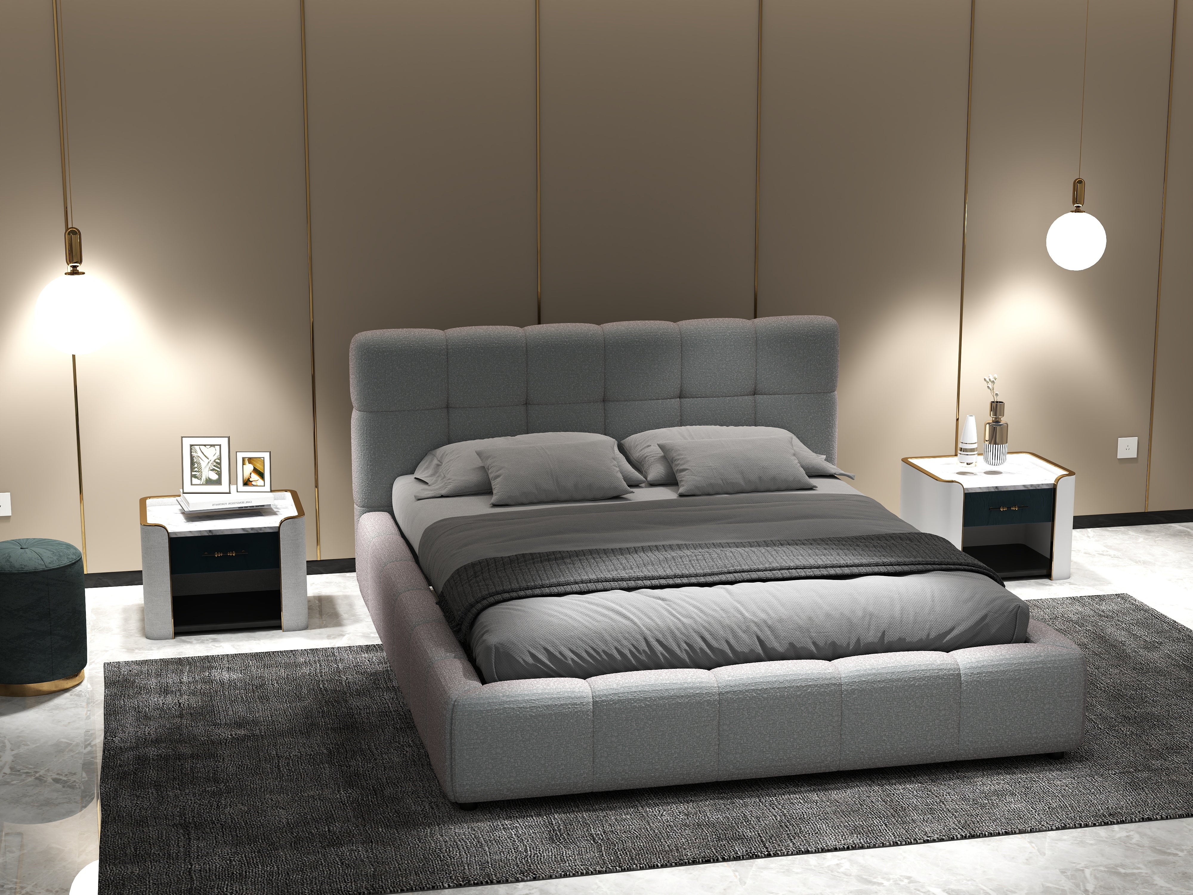 Pat dormitor dumonde, tapitat gri, Lorenzo 160x200 cm, somiera rabatabila inclusa, spatiu depozitare WLS