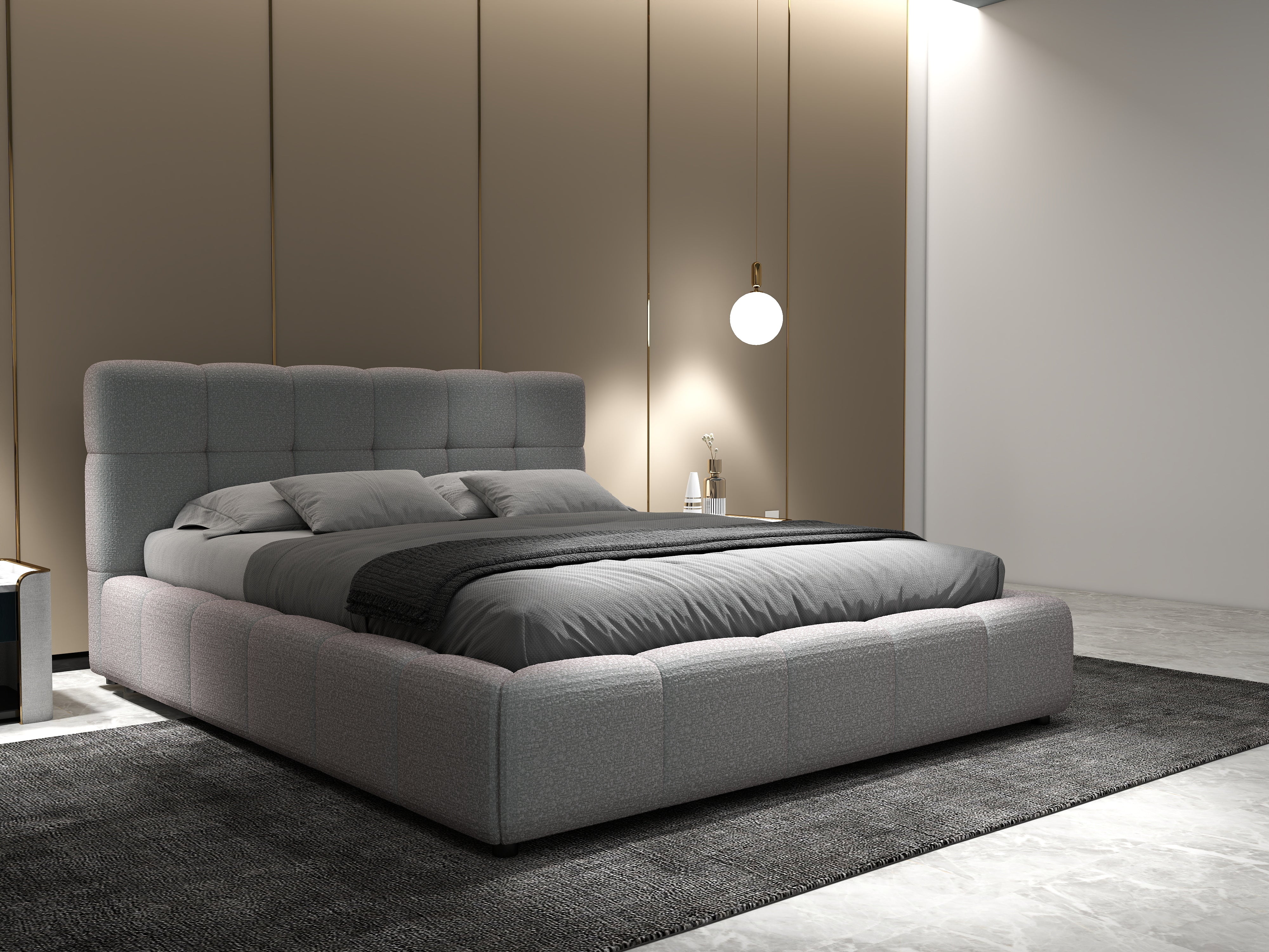 Pat dormitor dumonde, tapitat gri, Lorenzo 160x200 cm, somiera rabatabila inclusa, spatiu depozitare WLS