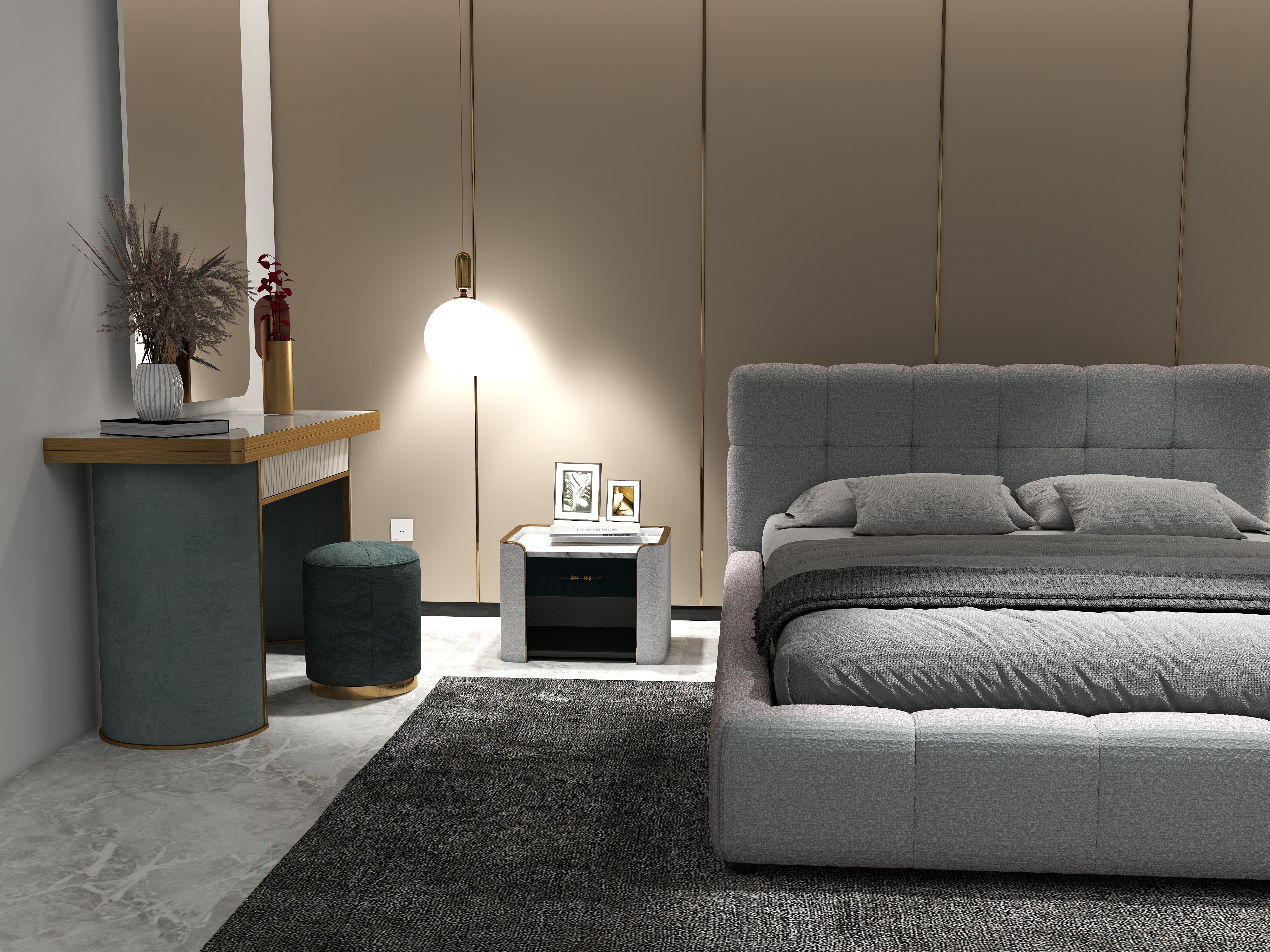 Pat dormitor dumonde, tapitat gri, Lorenzo 160x200 cm, somiera rabatabila inclusa, spatiu depozitare WLS