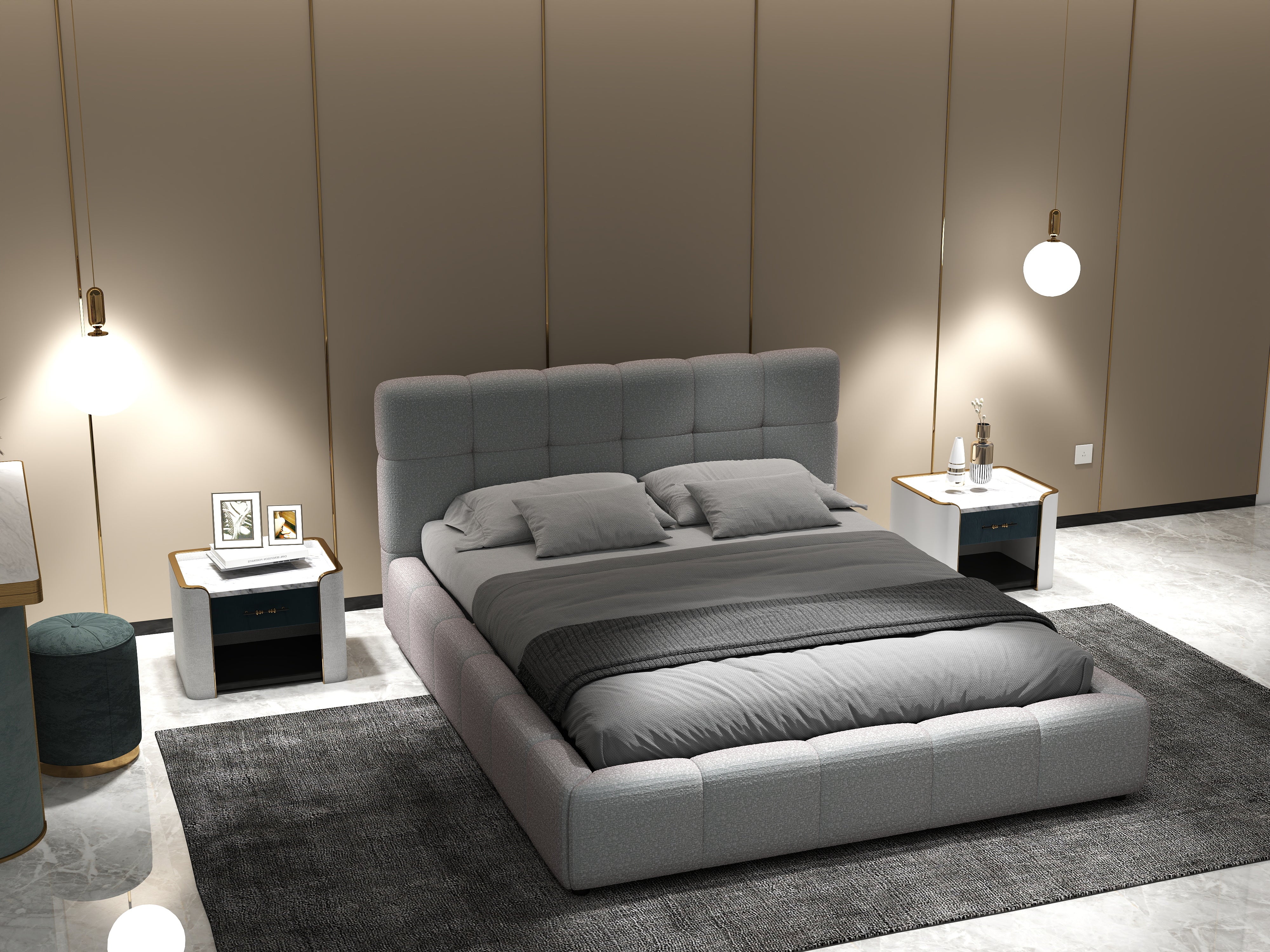 Pat dormitor dumonde, tapitat gri, Lorenzo 160x200 cm, somiera rabatabila inclusa, spatiu depozitare WLS