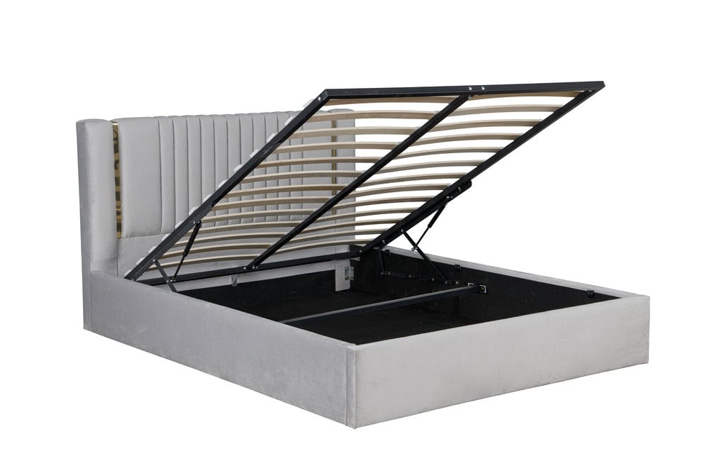 Pat dormitor dumonde, tapitat bej, Lukas 180x200 cm, somiera rabatabila inclusa, spatiu depozitare WLS