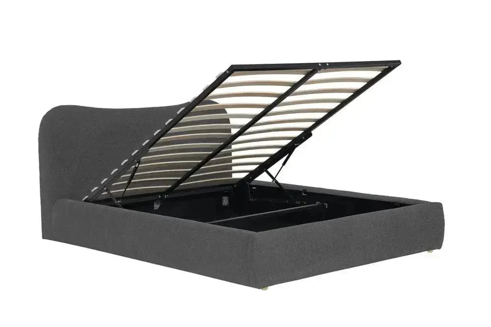 Pat dormitor dumonde, tapitat alb, Matias 160x200 cm, somiera rabatabila inclusa, spatiu depozitare WLS