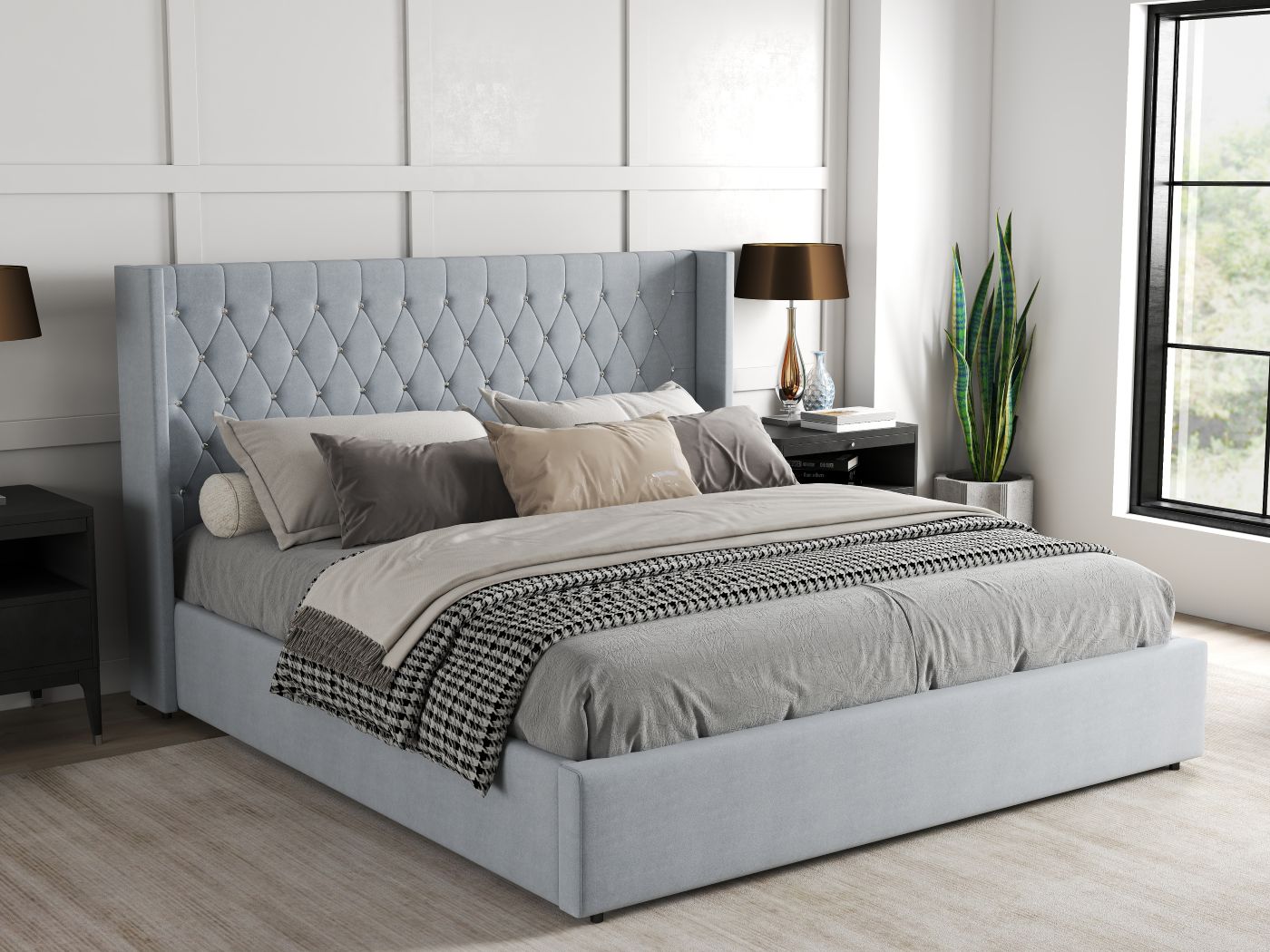 Pat dormitor dumonde, tapitat gri, Venice 160x200 cm, somiera rabatabila inclusa, spatiu depozitare WLS