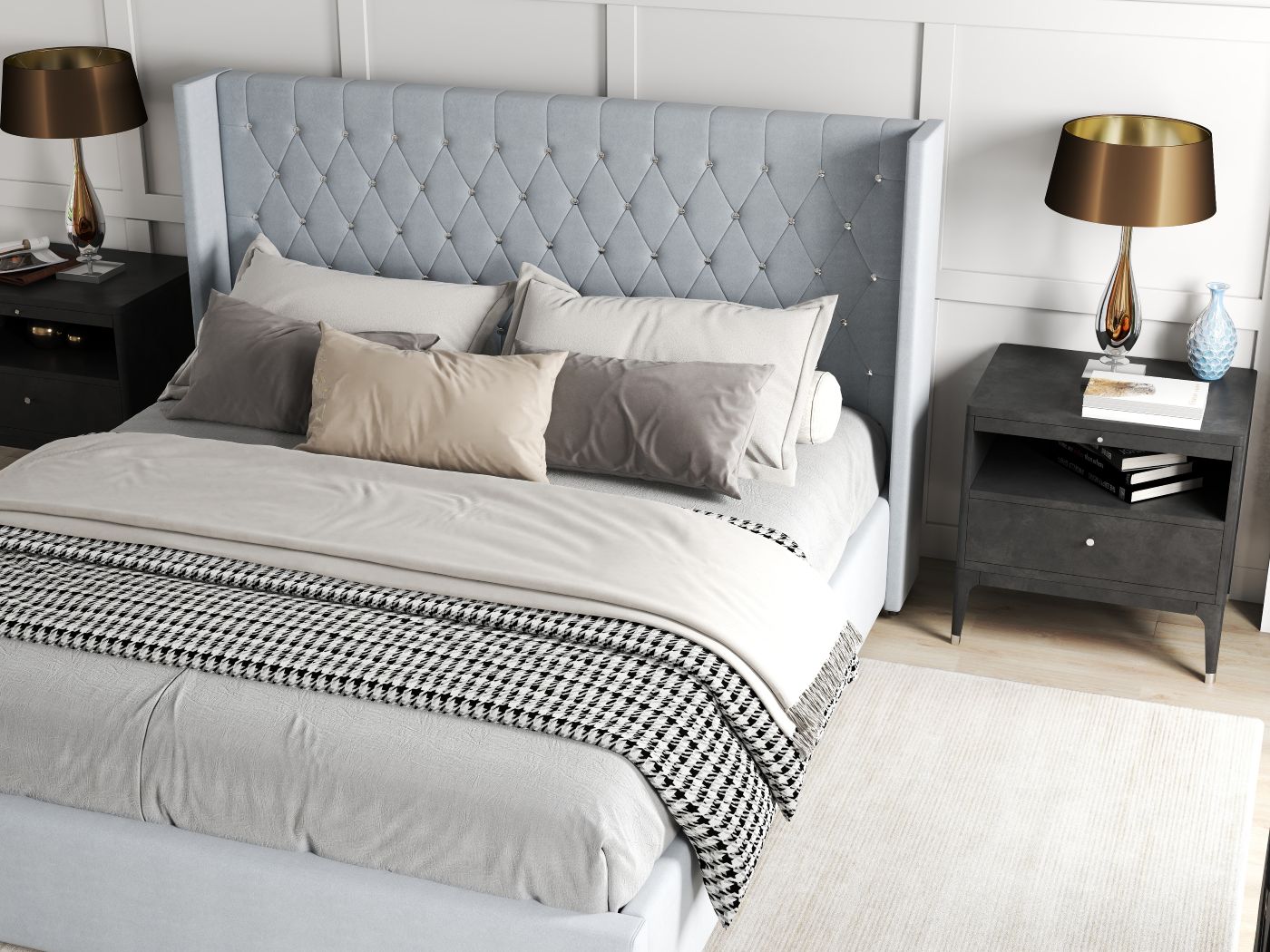Pat dormitor dumonde, tapitat gri, Venice 160x200 cm, somiera rabatabila inclusa, spatiu depozitare WLS