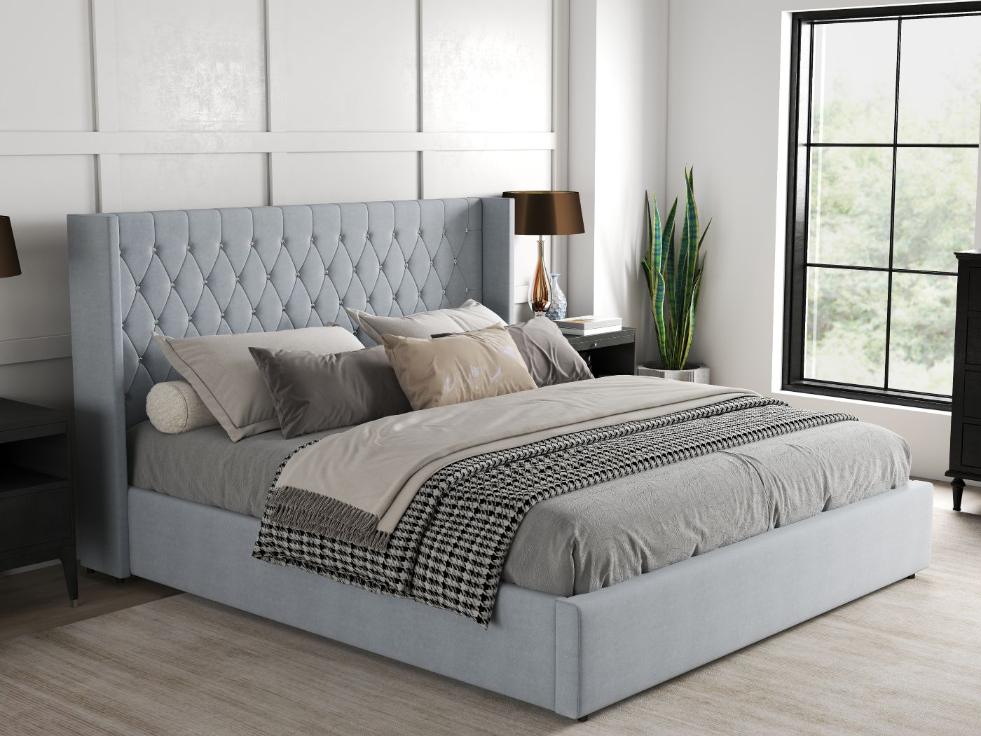 Pat dormitor dumonde, tapitat gri, Venice 160x200 cm, somiera rabatabila inclusa, spatiu depozitare WLS