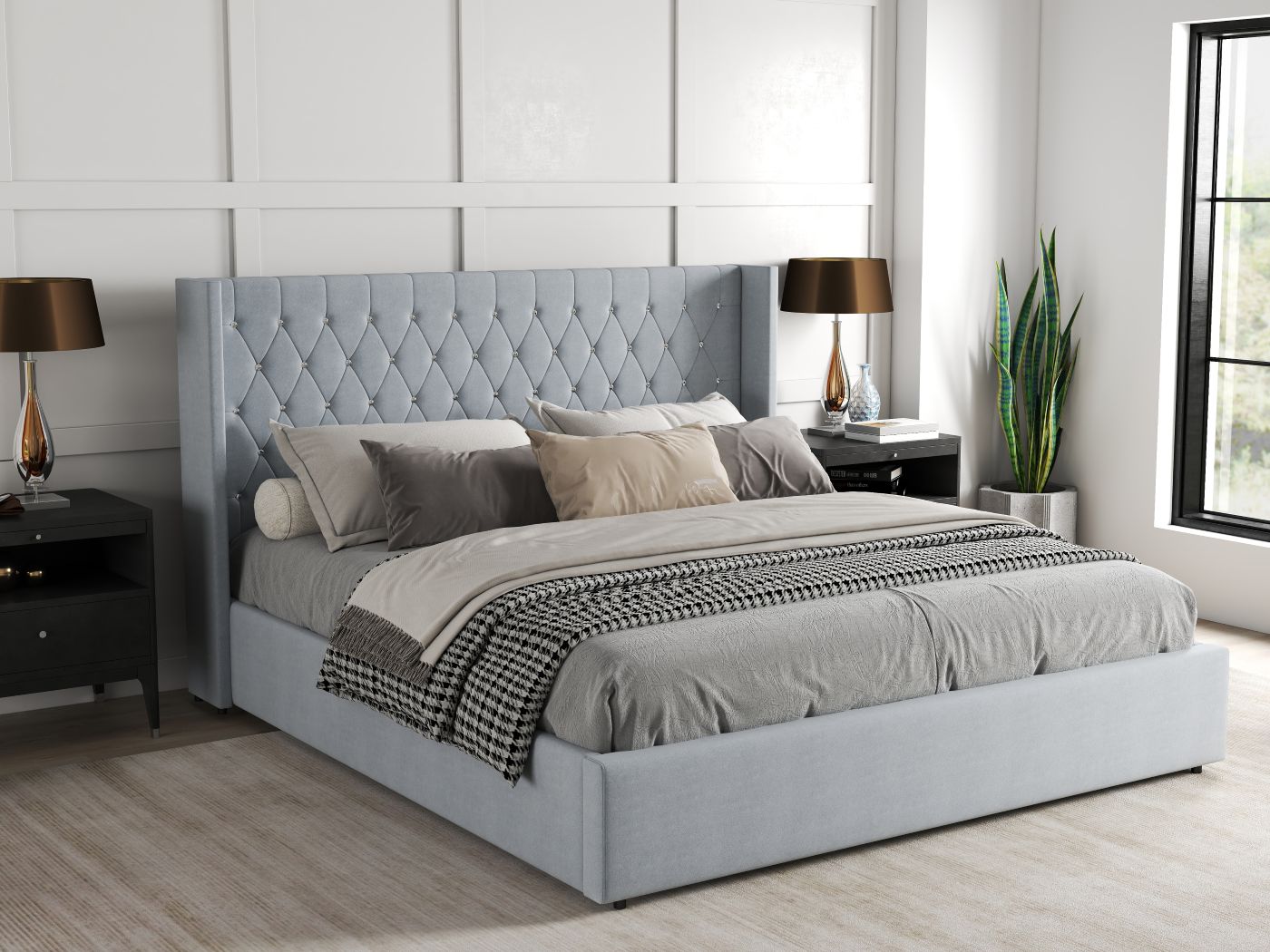 Pat dormitor dumonde, tapitat gri, Venice 160x200 cm, somiera rabatabila inclusa, spatiu depozitare WLS