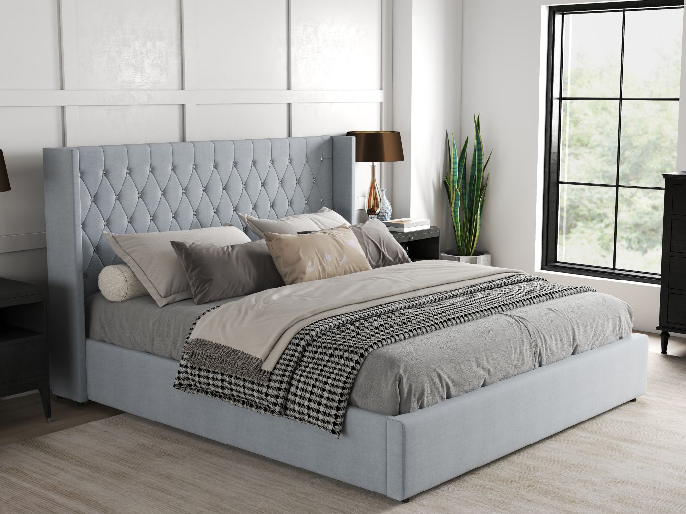 Pat dormitor dumonde, tapitat gri, Venice 160x200 cm, somiera rabatabila inclusa, spatiu depozitare WLS