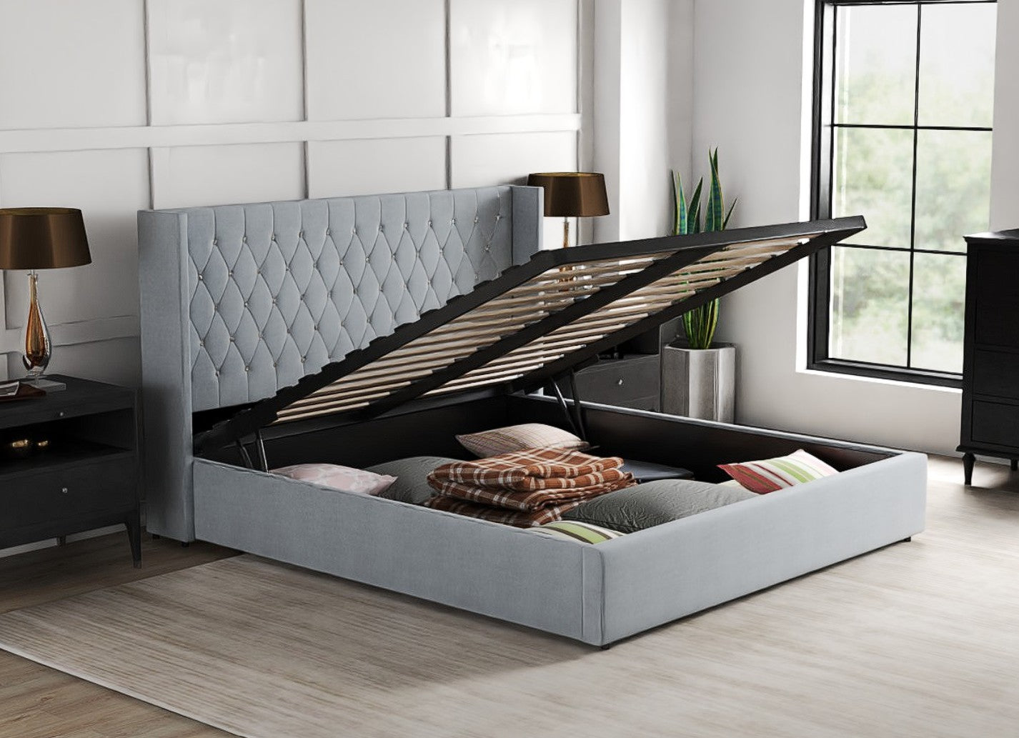 Pat dormitor dumonde, tapitat gri, Venice 160x200 cm, somiera rabatabila inclusa, spatiu depozitare WLS