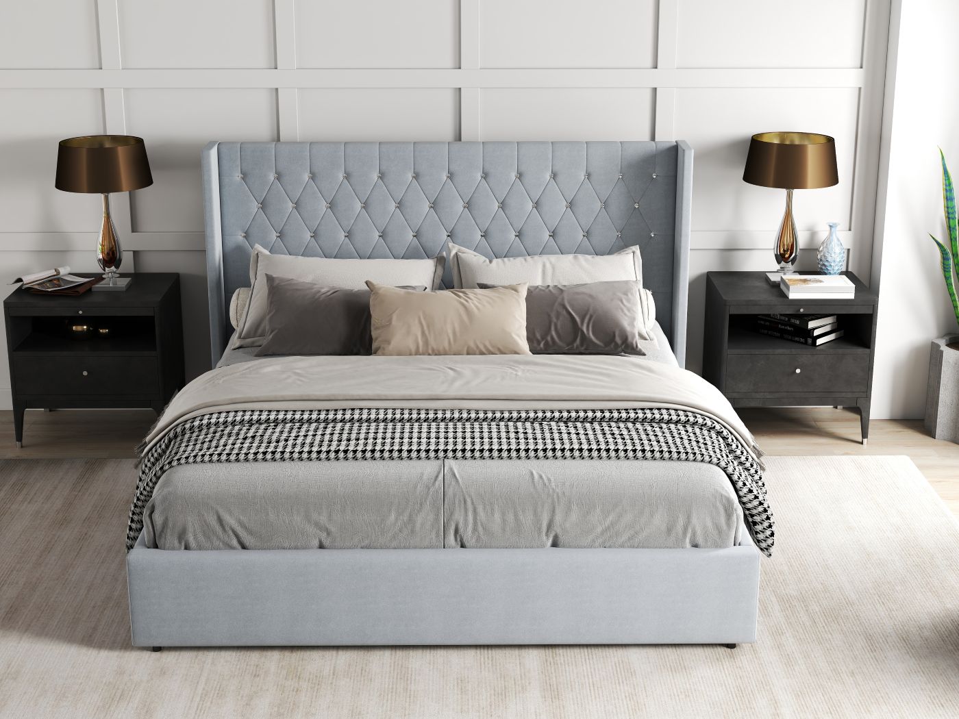 Pat dormitor dumonde, tapitat gri, Venice 160x200 cm, somiera rabatabila inclusa, spatiu depozitare WLS