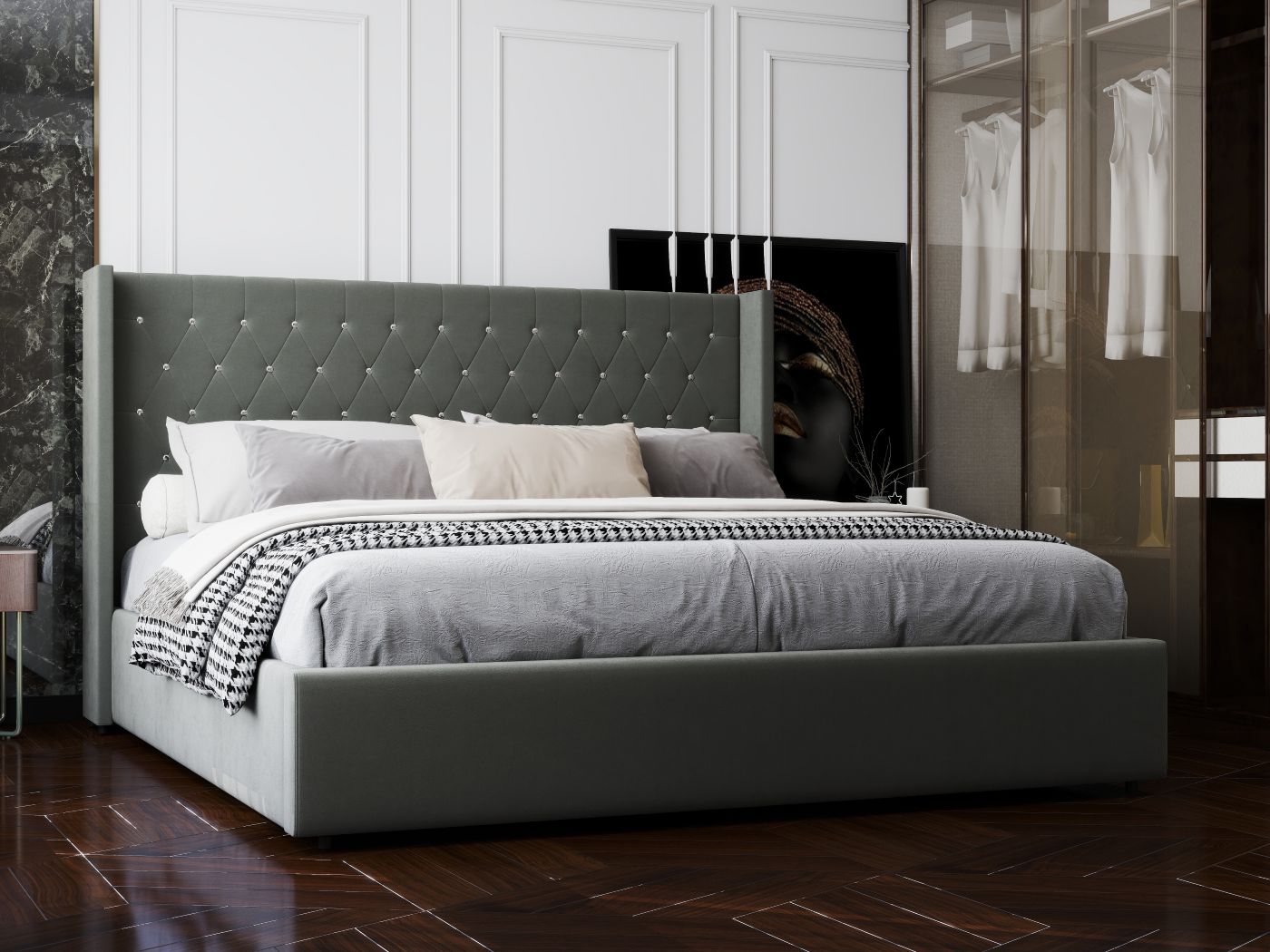 Pat dormitor dumonde, tapitat gri, Venice 180x200 cm, somiera rabatabila inclusa, spatiu depozitare WLS