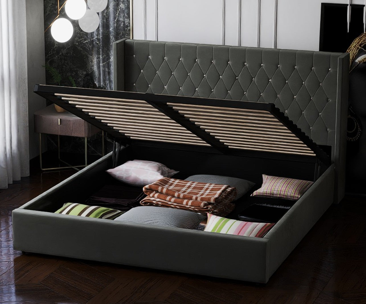 Pat dormitor dumonde, tapitat gri, Venice 180x200 cm, somiera rabatabila inclusa, spatiu depozitare WLS