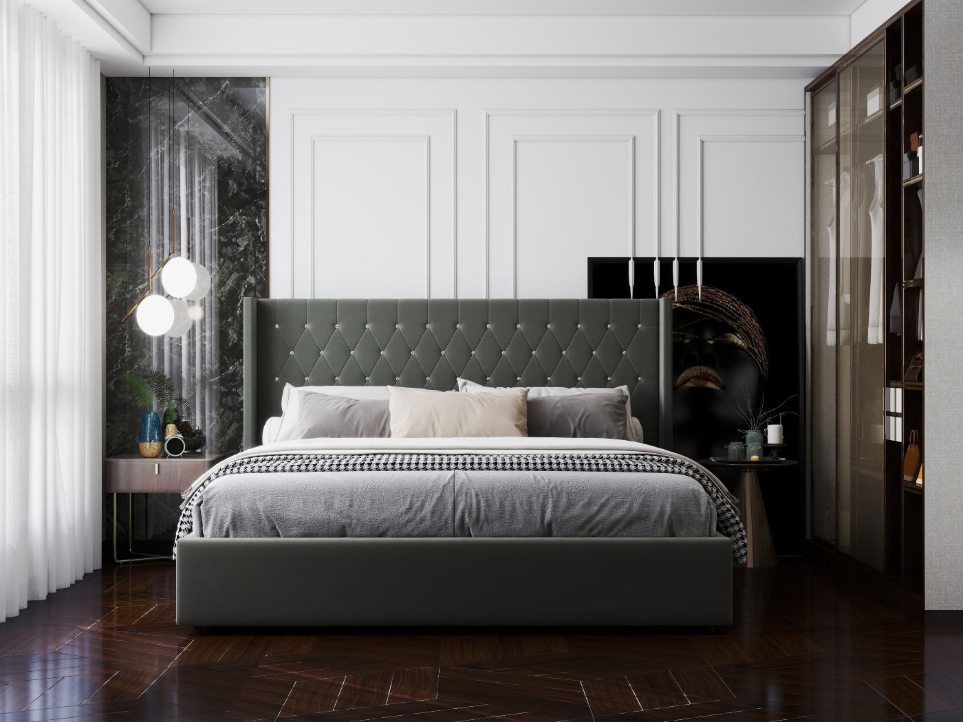 Pat dormitor dumonde, tapitat gri, Venice 180x200 cm, somiera rabatabila inclusa, spatiu depozitare WLS