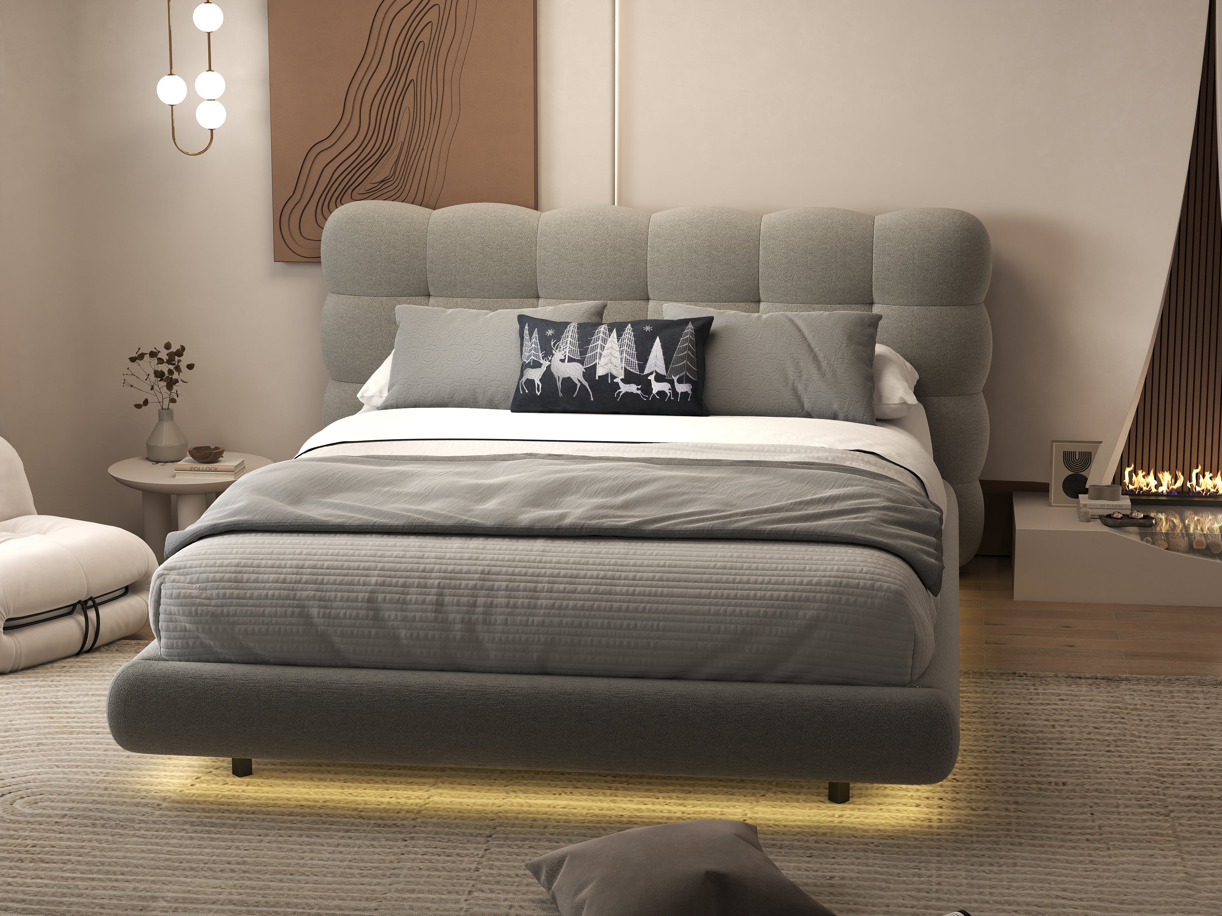 Pat dormitor dumonde, tapitat gri cu LED, "floating bed" Cloud 160x200 cm, somiera inclusa WLS