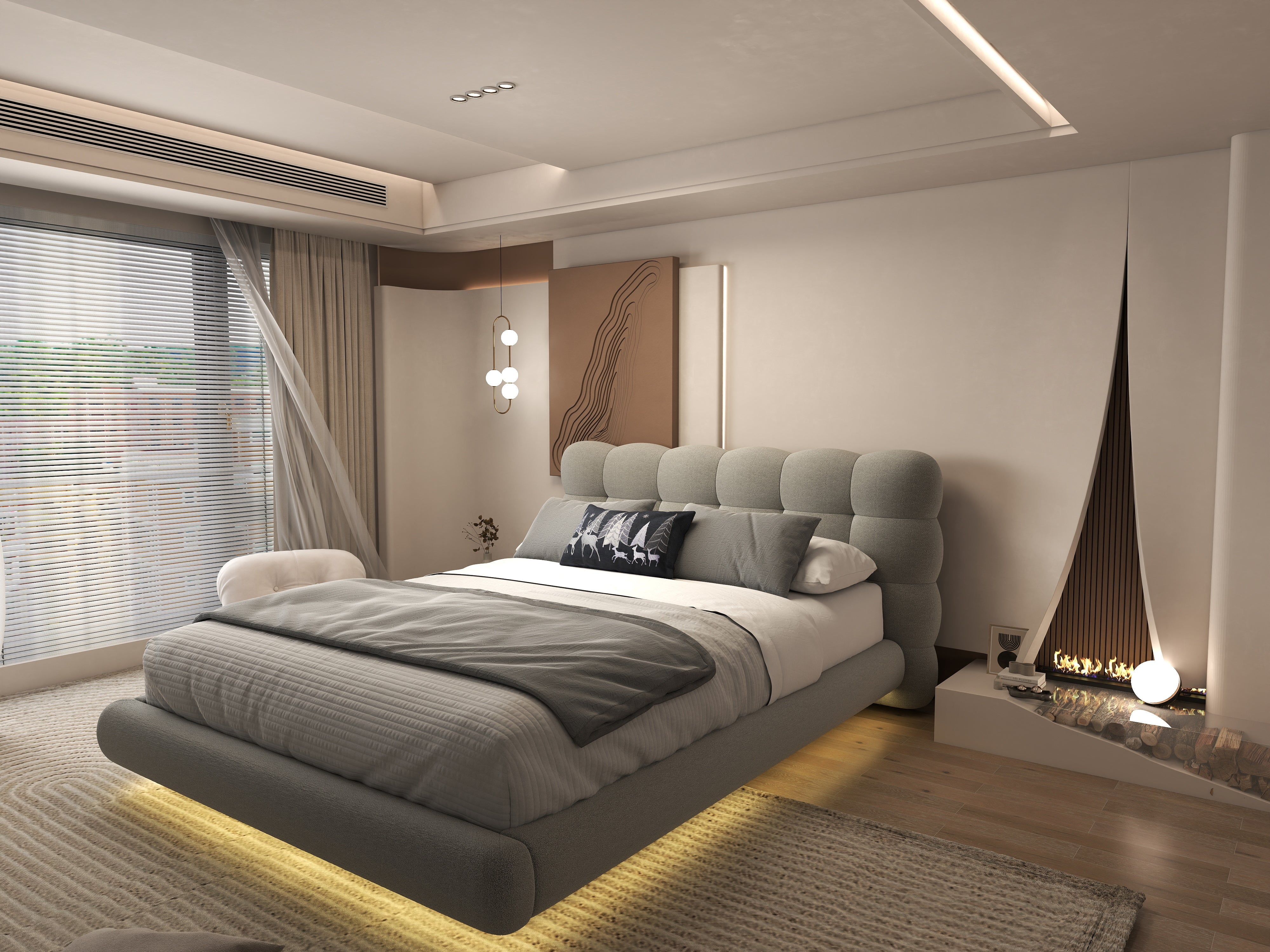 Pat dormitor dumonde, tapitat gri cu LED, "floating bed" Cloud 160x200 cm, somiera inclusa WLS