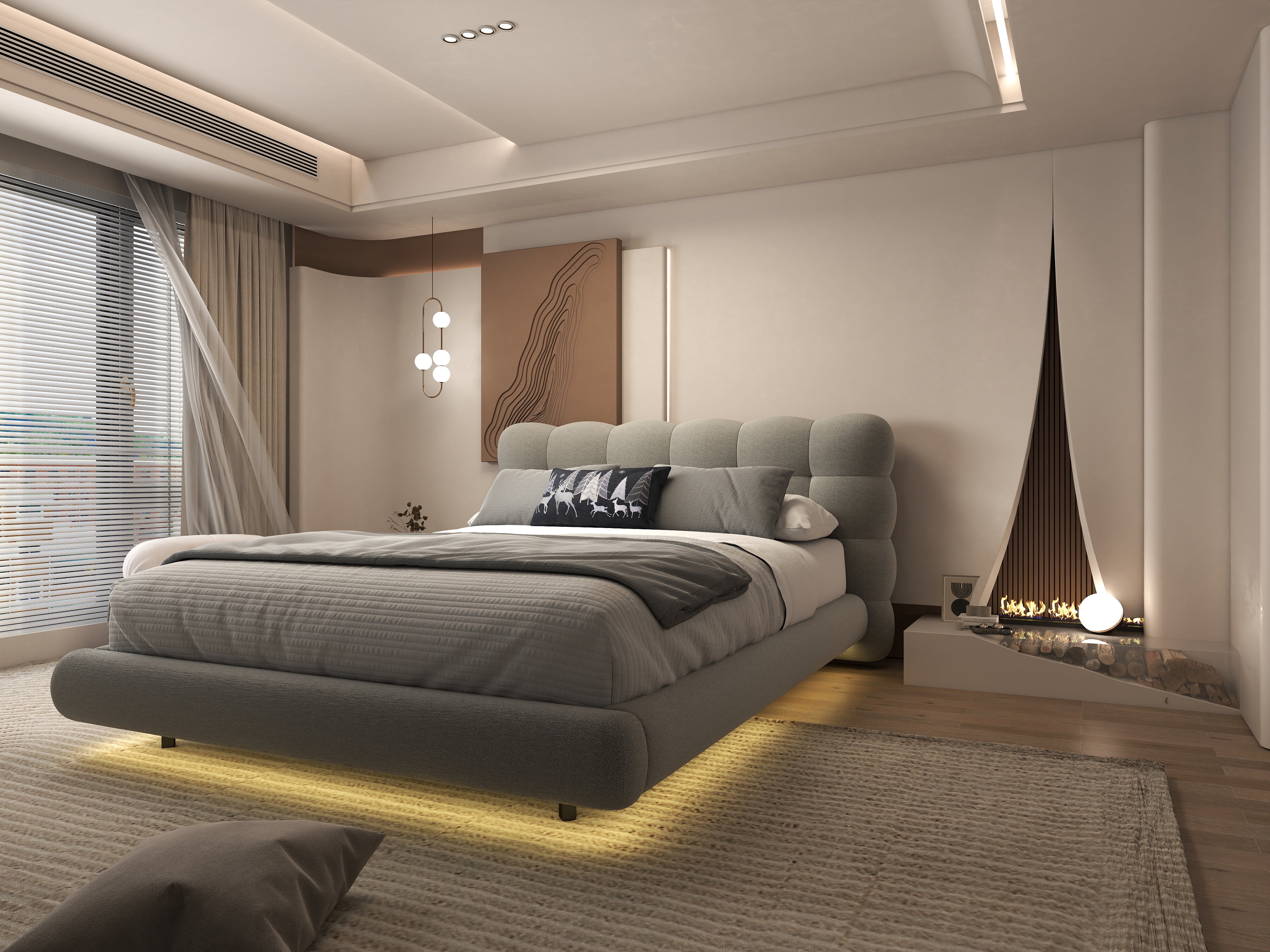 Pat dormitor dumonde, tapitat gri cu LED, "floating bed" Cloud 160x200 cm, somiera inclusa WLS