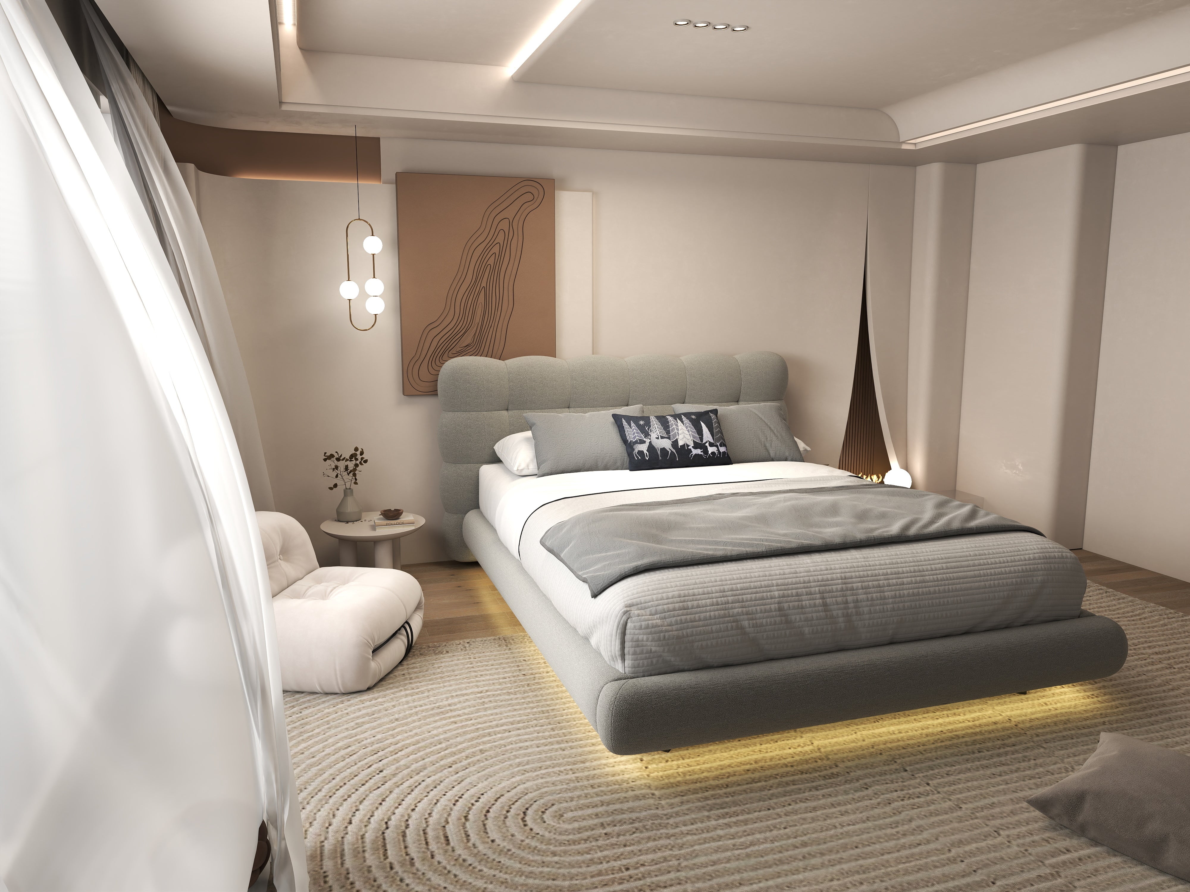 Pat dormitor dumonde, tapitat gri cu LED, "floating bed" Cloud 160x200 cm, somiera inclusa WLS