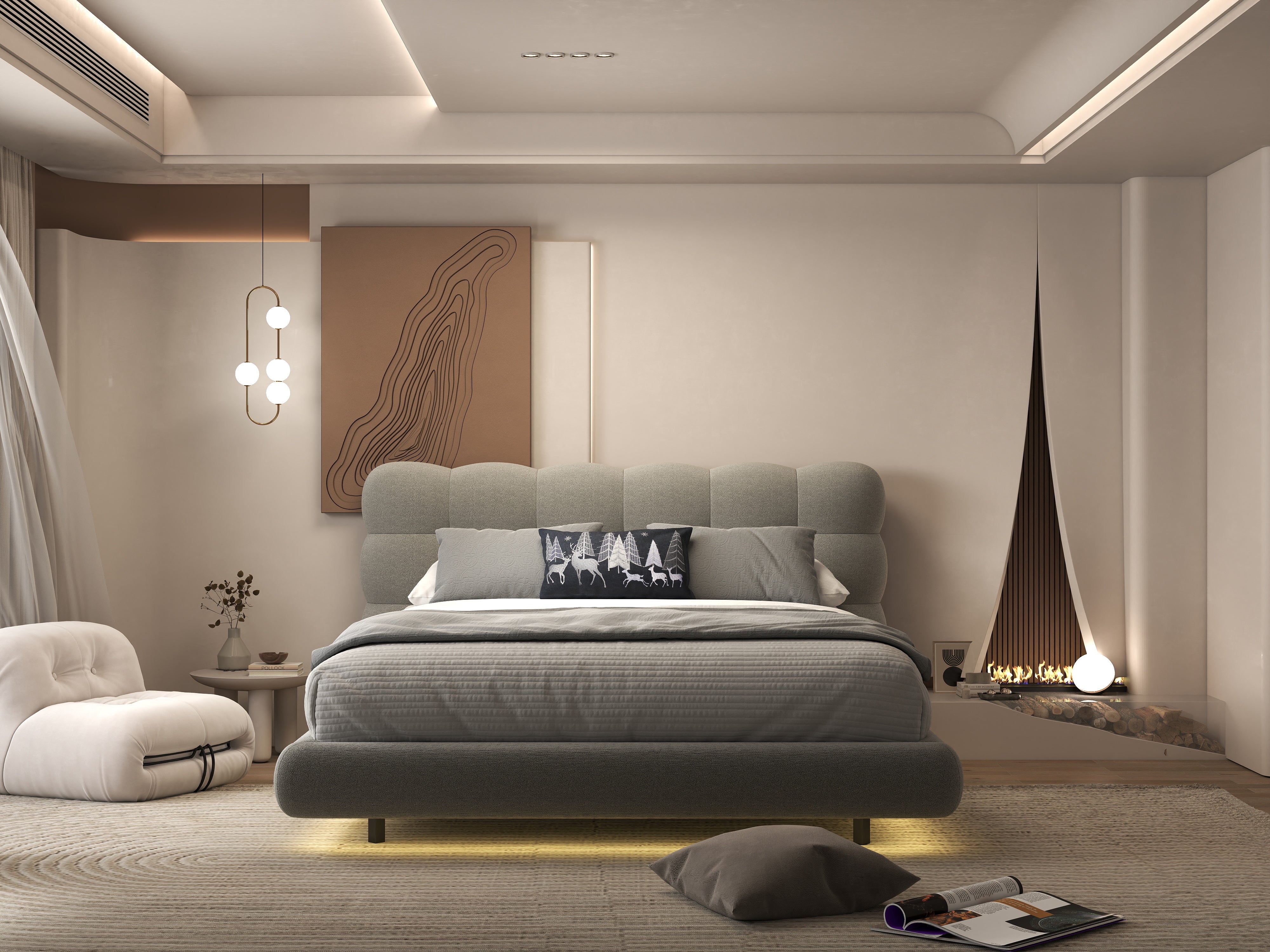 Pat dormitor dumonde, tapitat gri cu LED, "floating bed" Cloud 160x200 cm, somiera inclusa WLS