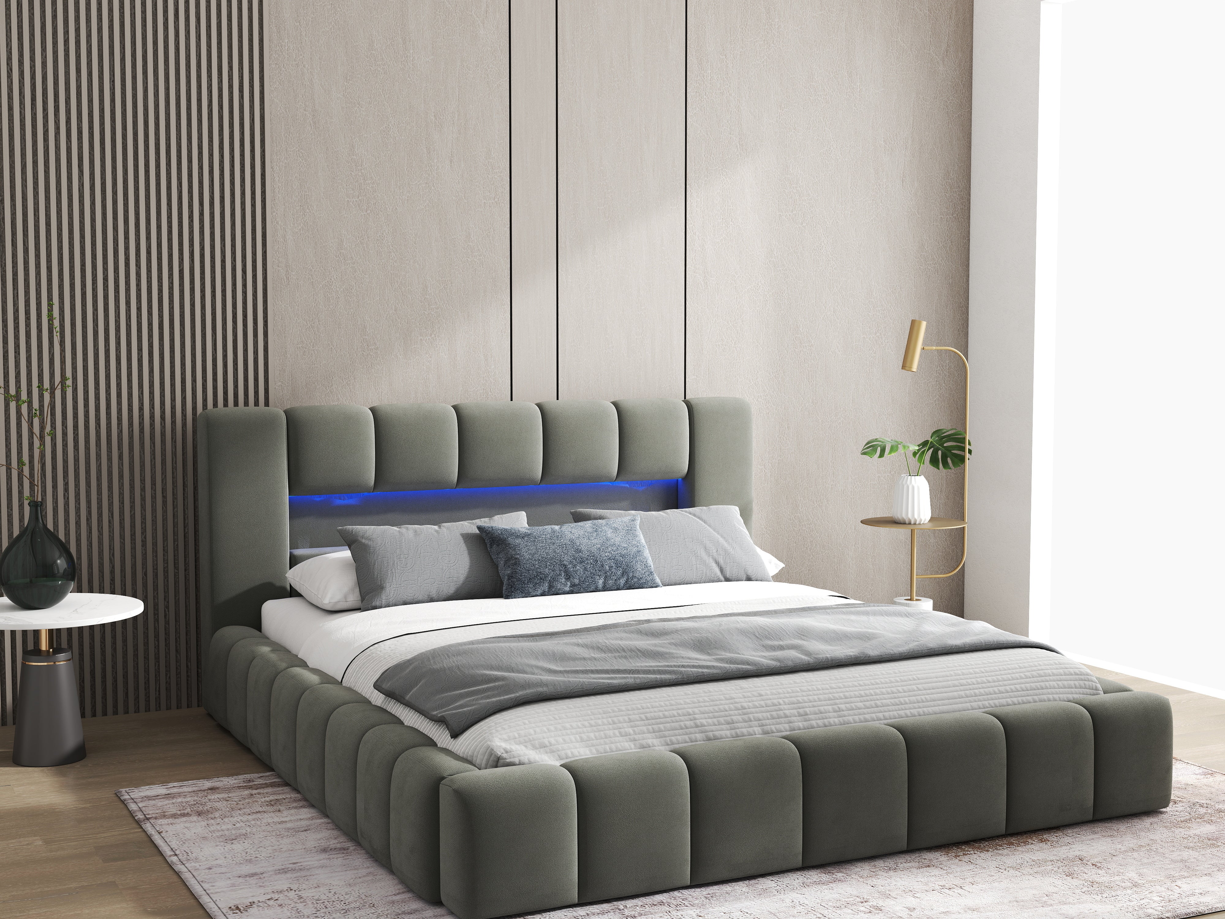 Pat dormitor dumonde, tapitat gri cu LED si USB, Palermo 140x200 cm, somiera rabatabila inclusa, spatiu depozitare WLS