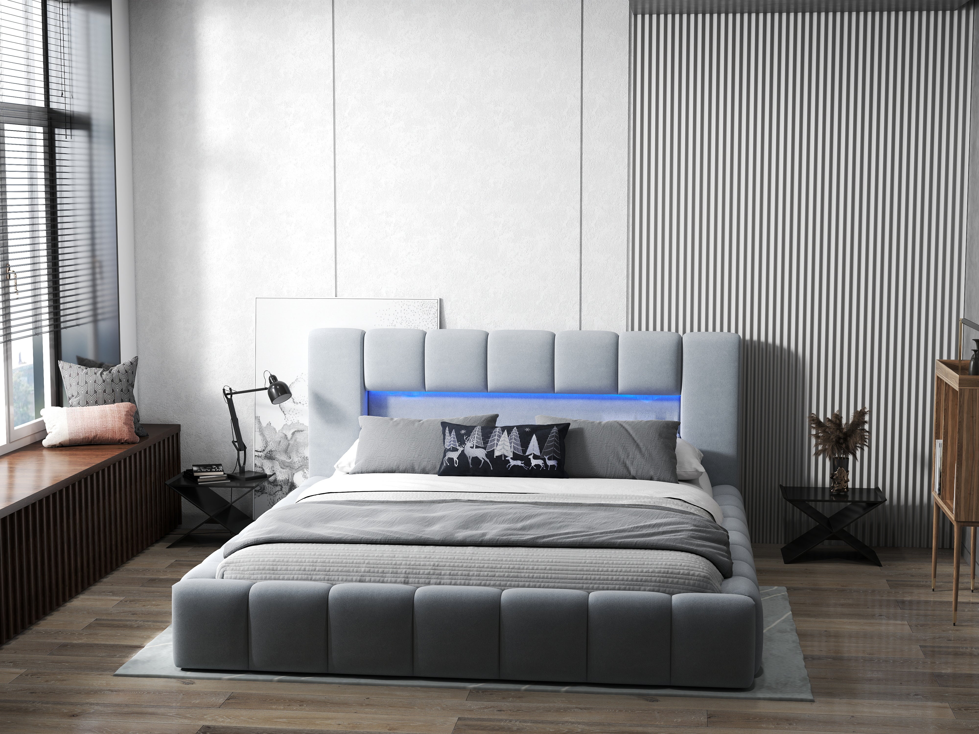 Pat dormitor dumonde, tapitat gri cu LED si USB, Palermo 160x200 cm, somiera rabatabila inclusa, spatiu depozitare WLS