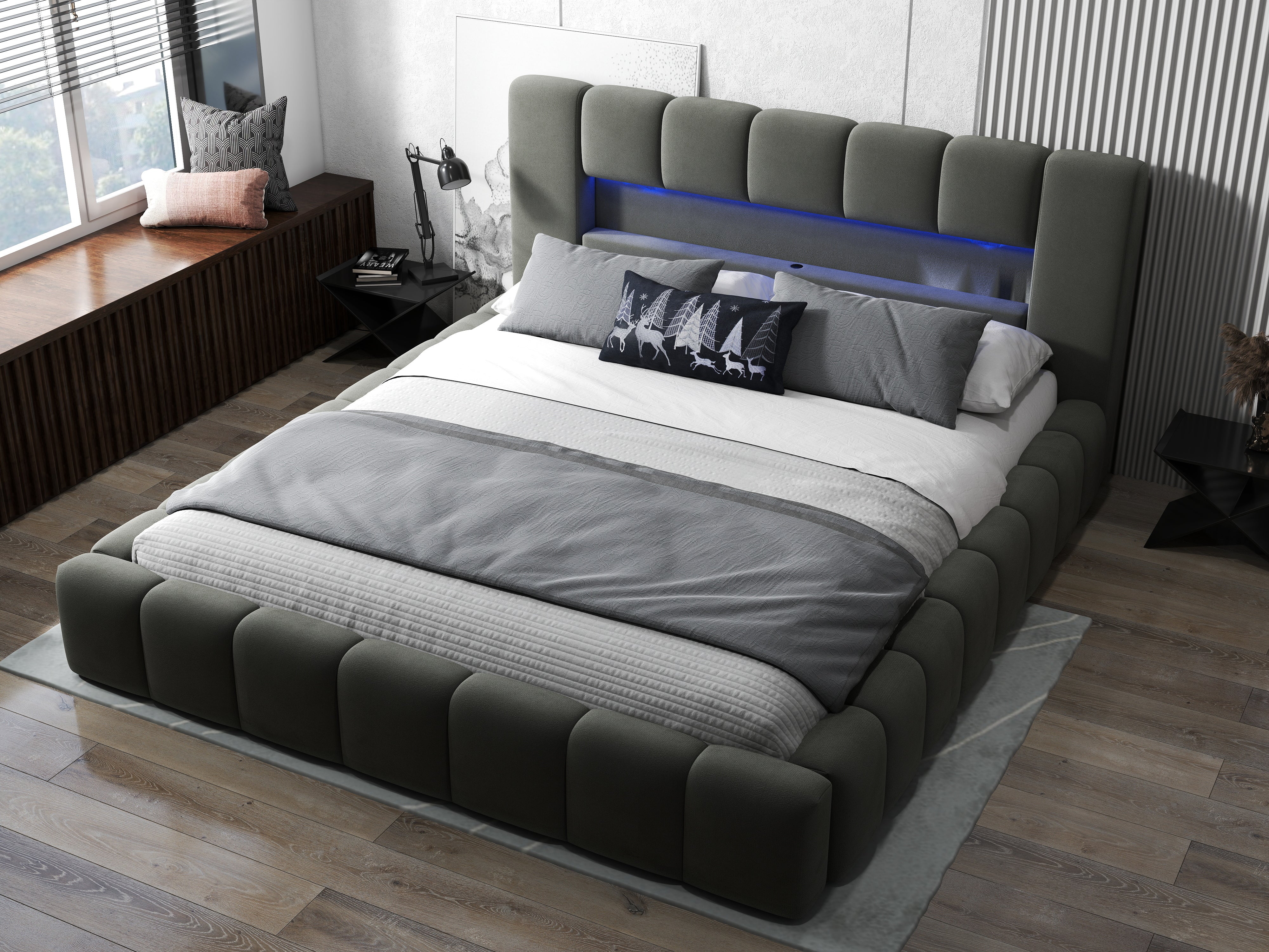 Pat dormitor dumonde, tapitat gri cu LED si USB, Palermo 160x200 cm, somiera rabatabila inclusa, spatiu depozitare WLS