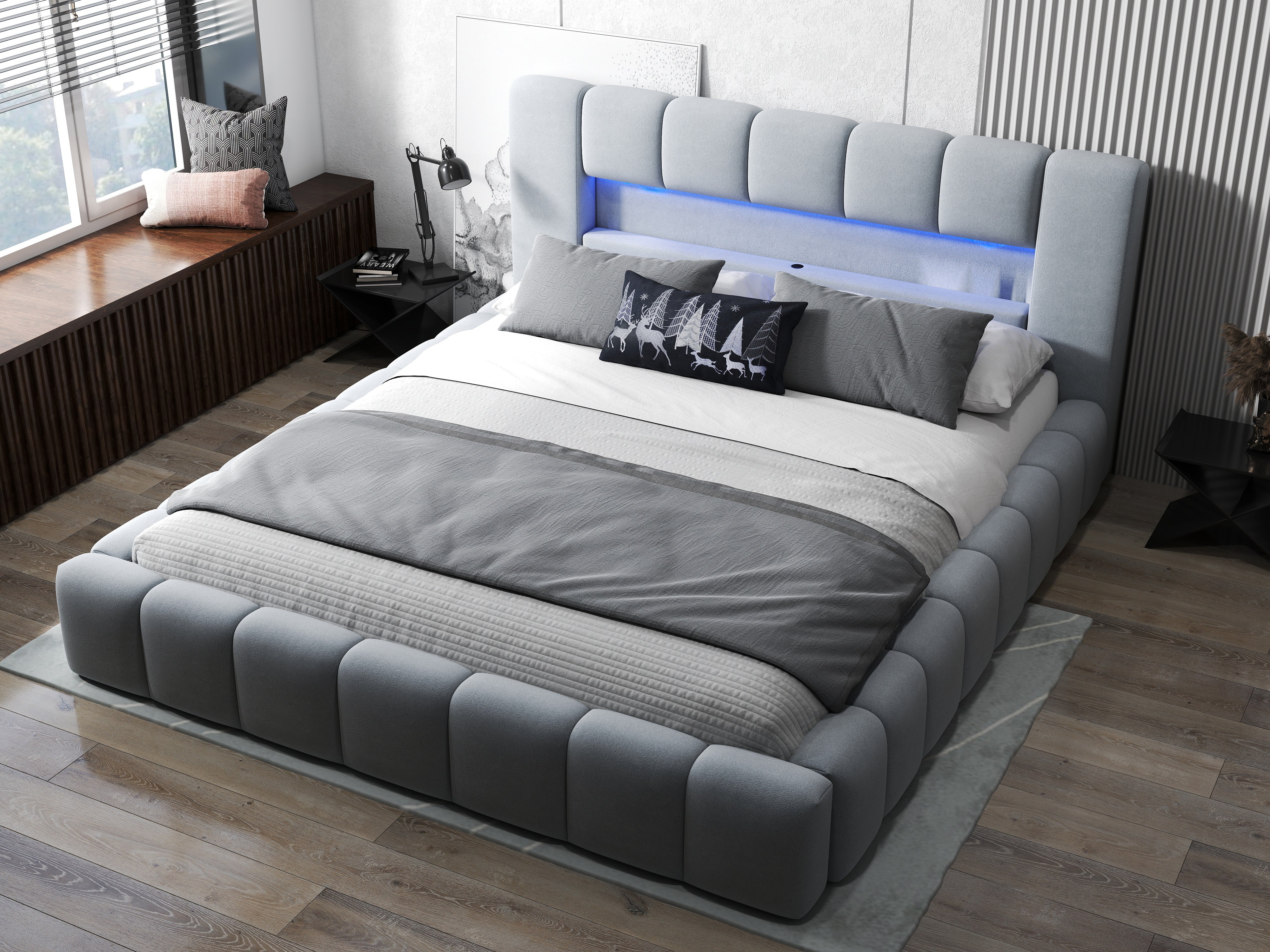 Pat dormitor dumonde, tapitat gri cu LED si USB, Palermo 160x200 cm, somiera rabatabila inclusa, spatiu depozitare WLS