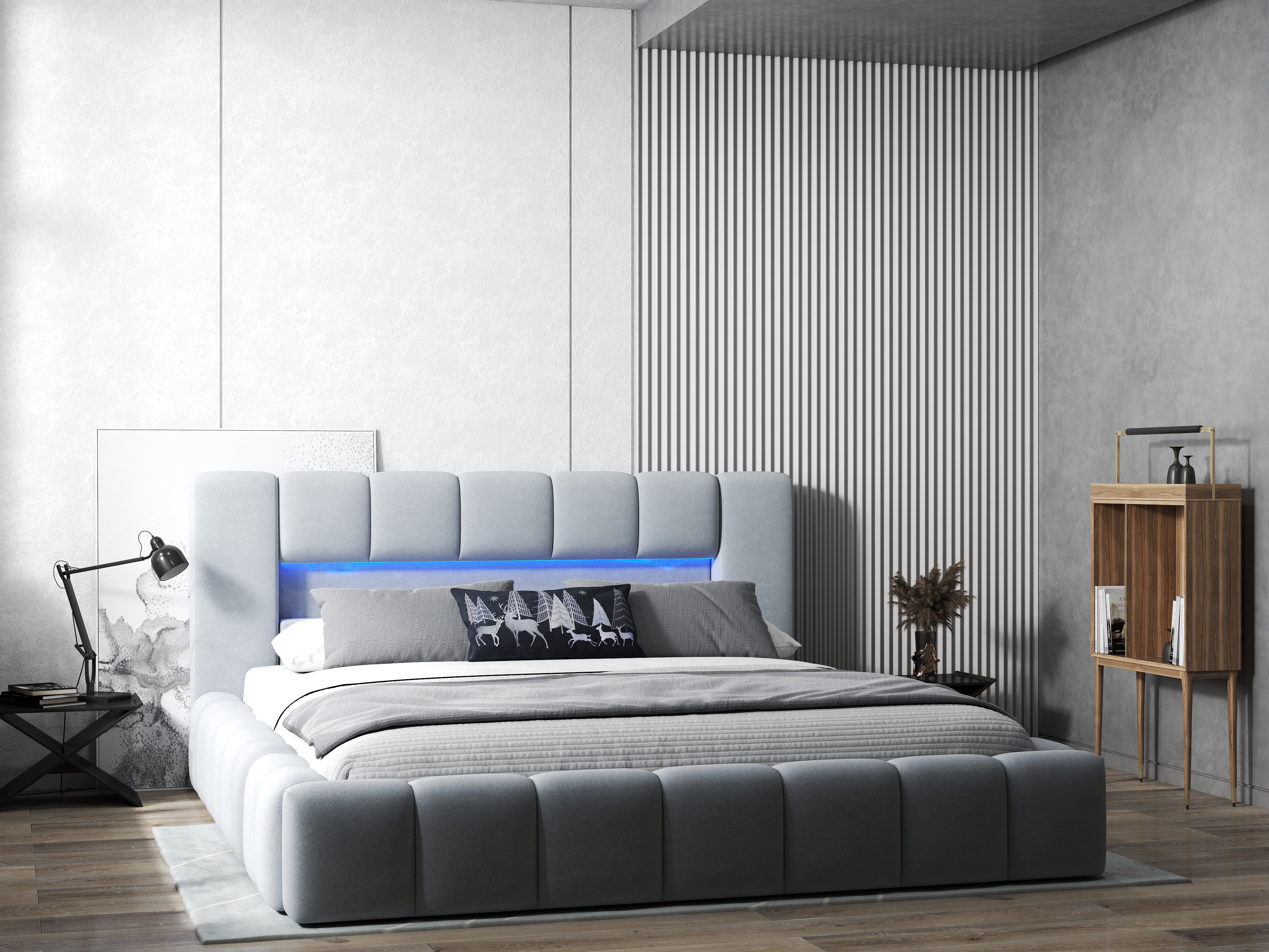 Pat dormitor dumonde, tapitat gri cu LED si USB, Palermo 140x200 cm, somiera rabatabila inclusa, spatiu depozitare WLS