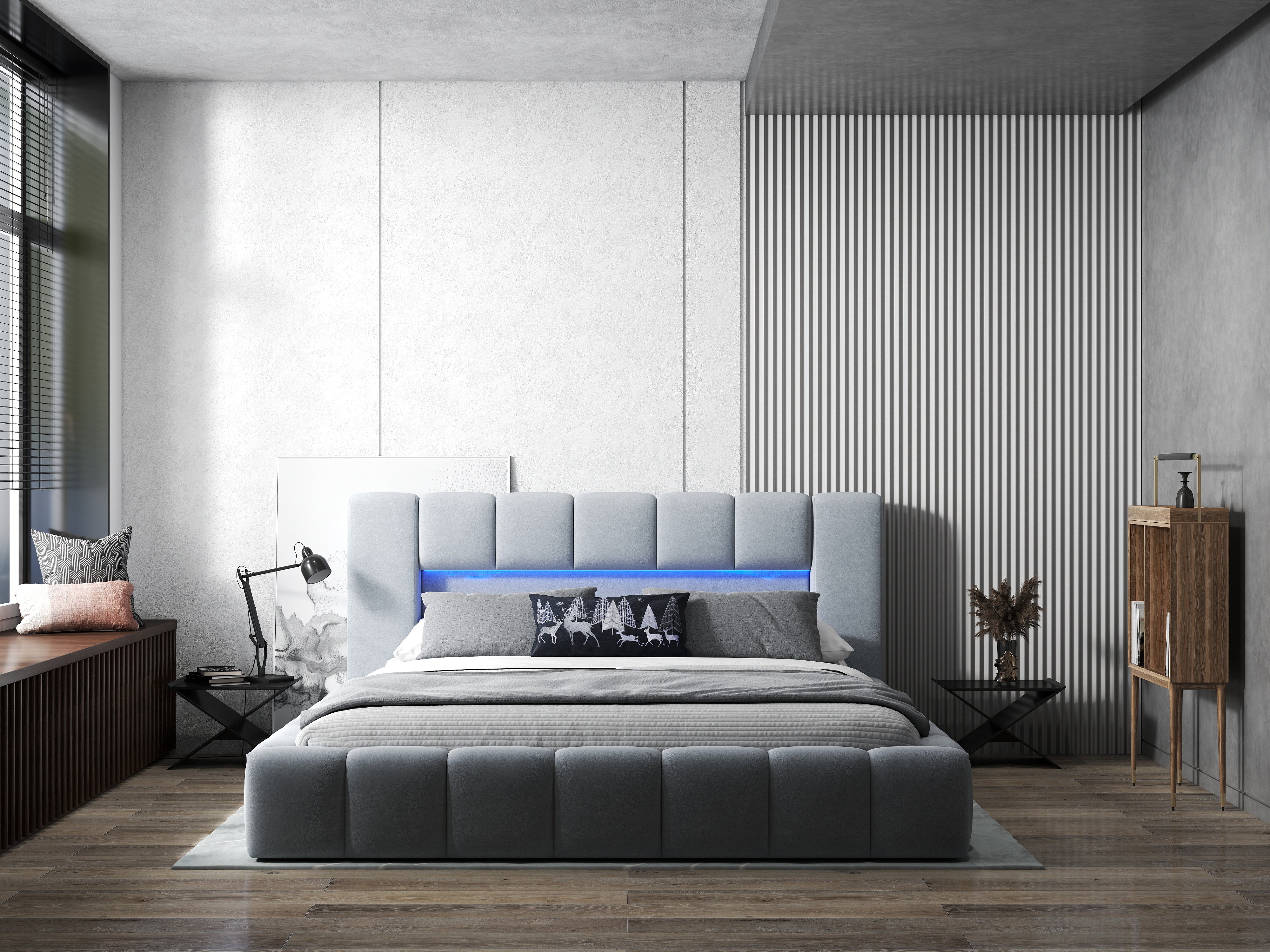 Pat dormitor dumonde, tapitat gri cu LED si USB, Palermo 140x200 cm, somiera rabatabila inclusa, spatiu depozitare WLS