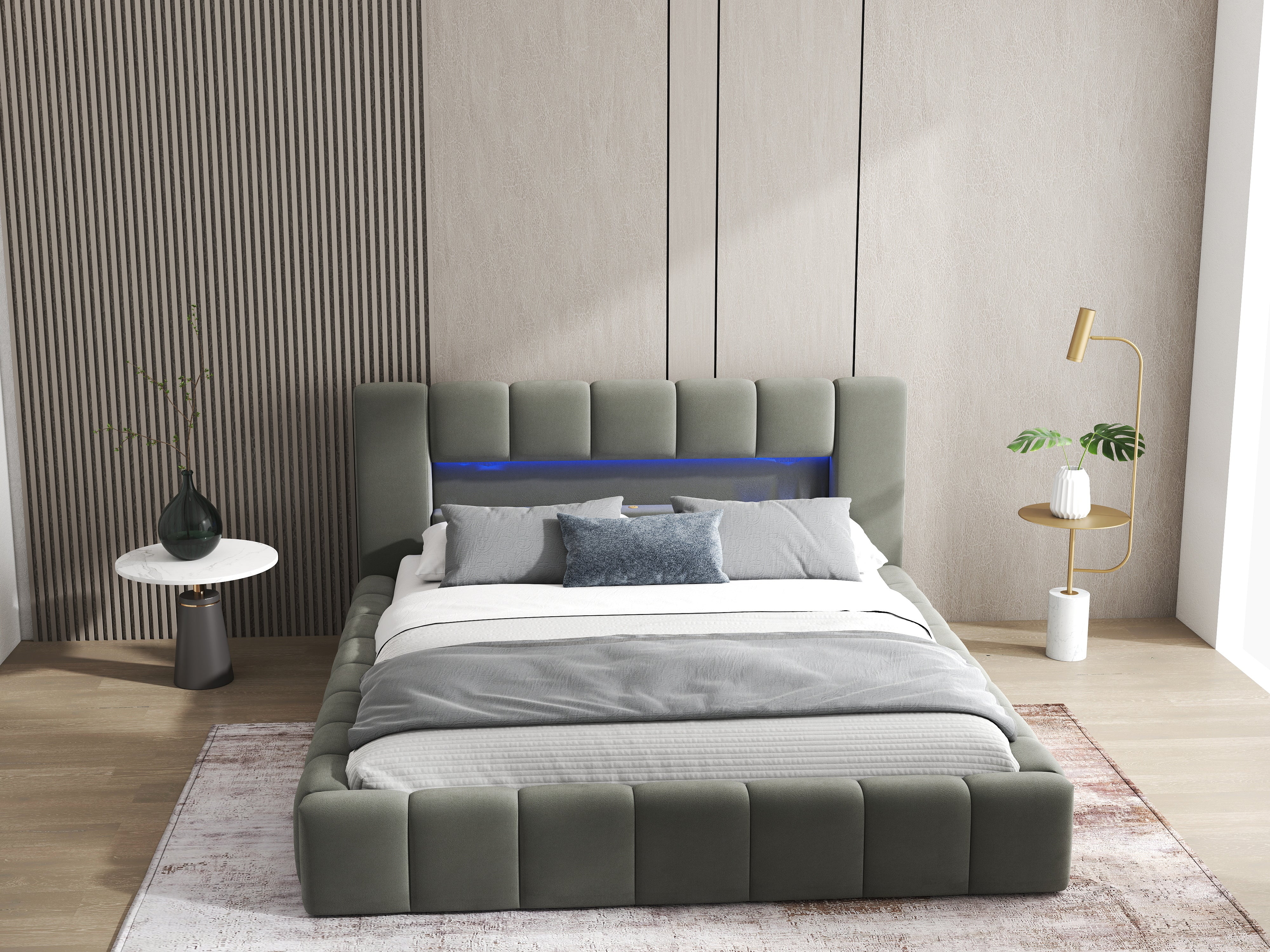 Pat dormitor dumonde, tapitat gri cu LED si USB, Palermo 140x200 cm, somiera rabatabila inclusa, spatiu depozitare WLS