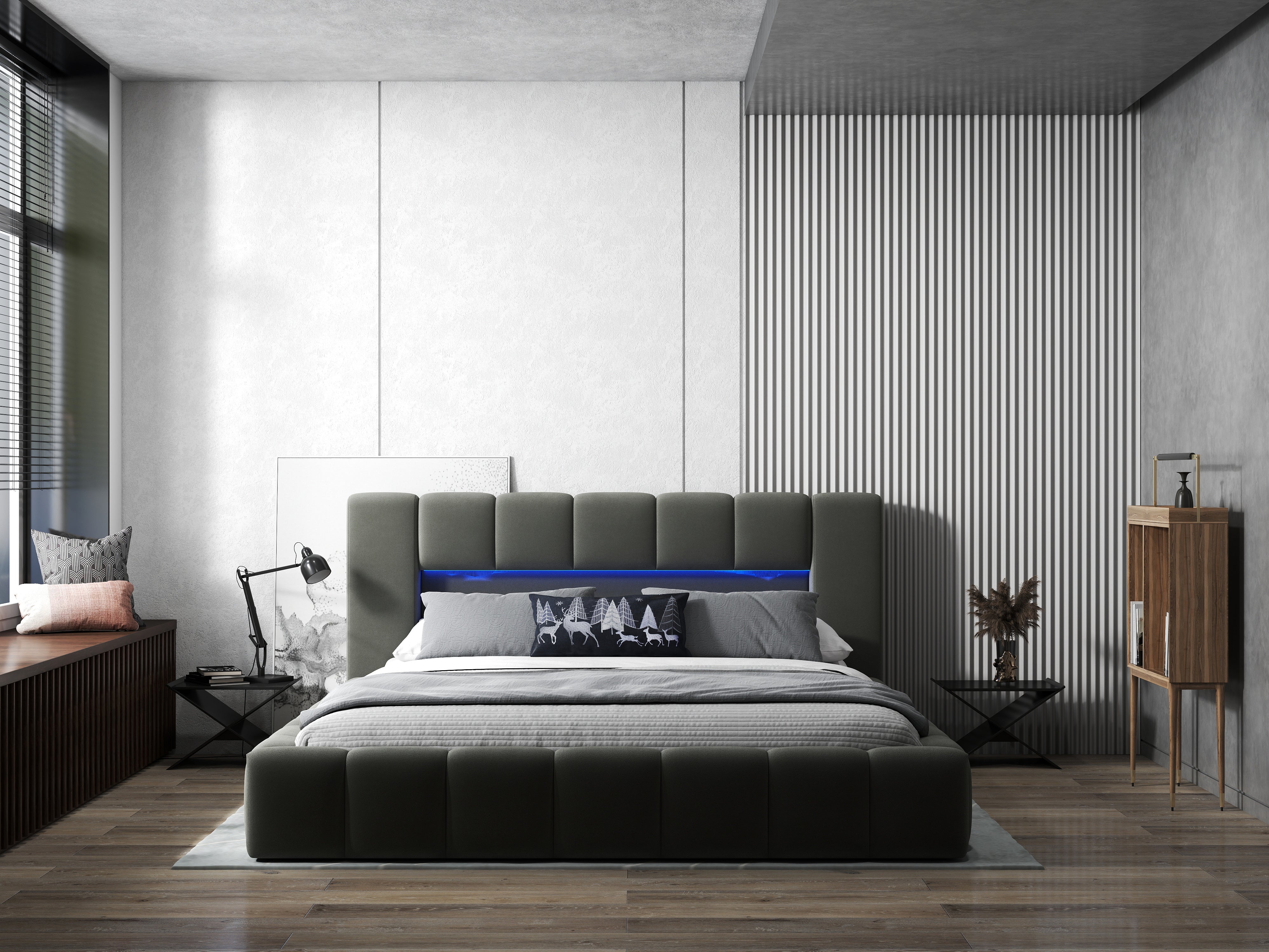 Pat dormitor dumonde, tapitat gri cu LED si USB, Palermo 160x200 cm, somiera rabatabila inclusa, spatiu depozitare WLS