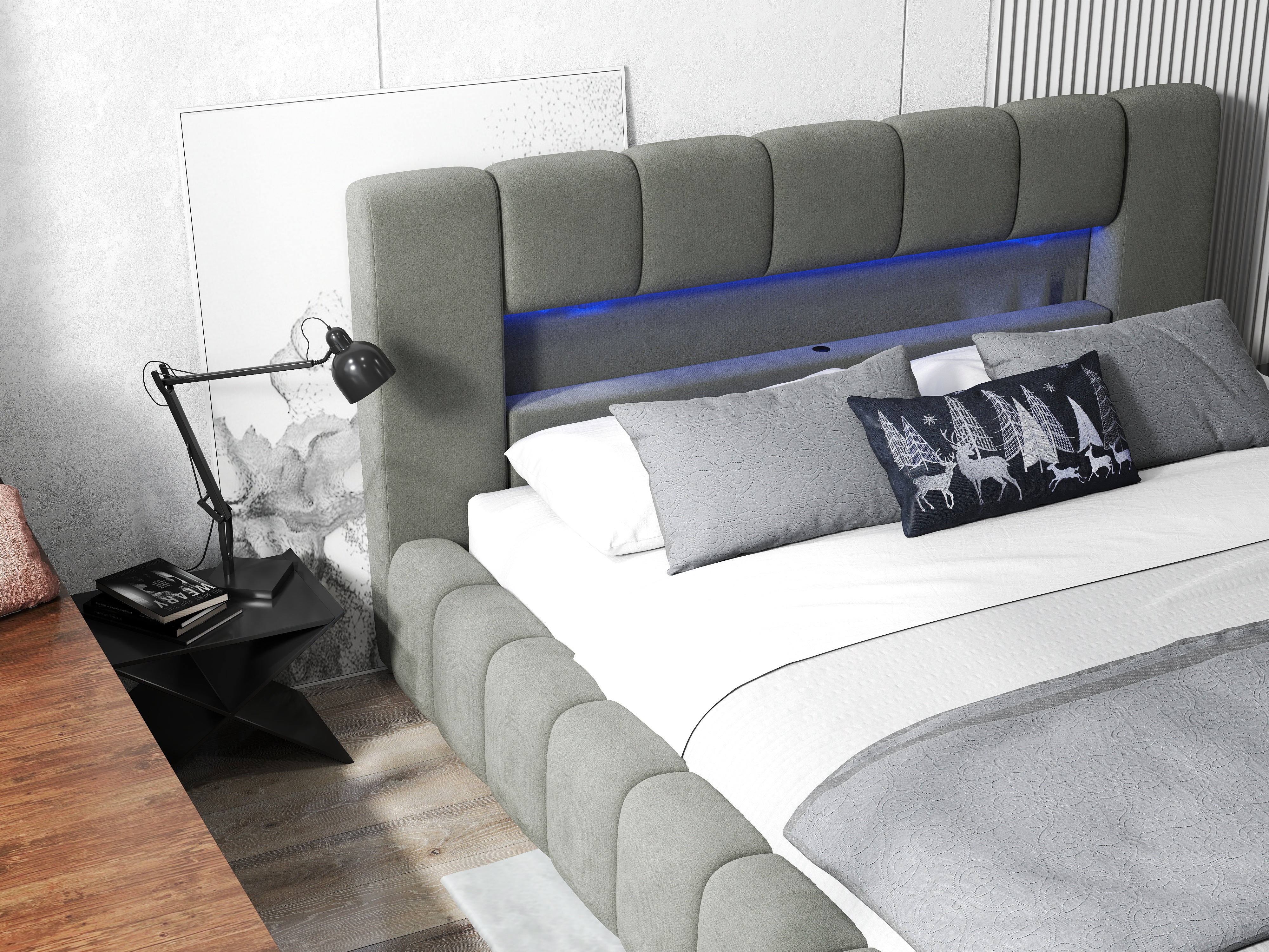 Pat dormitor dumonde, tapitat gri cu LED si USB, Palermo 160x200 cm, somiera rabatabila inclusa, spatiu depozitare WLS