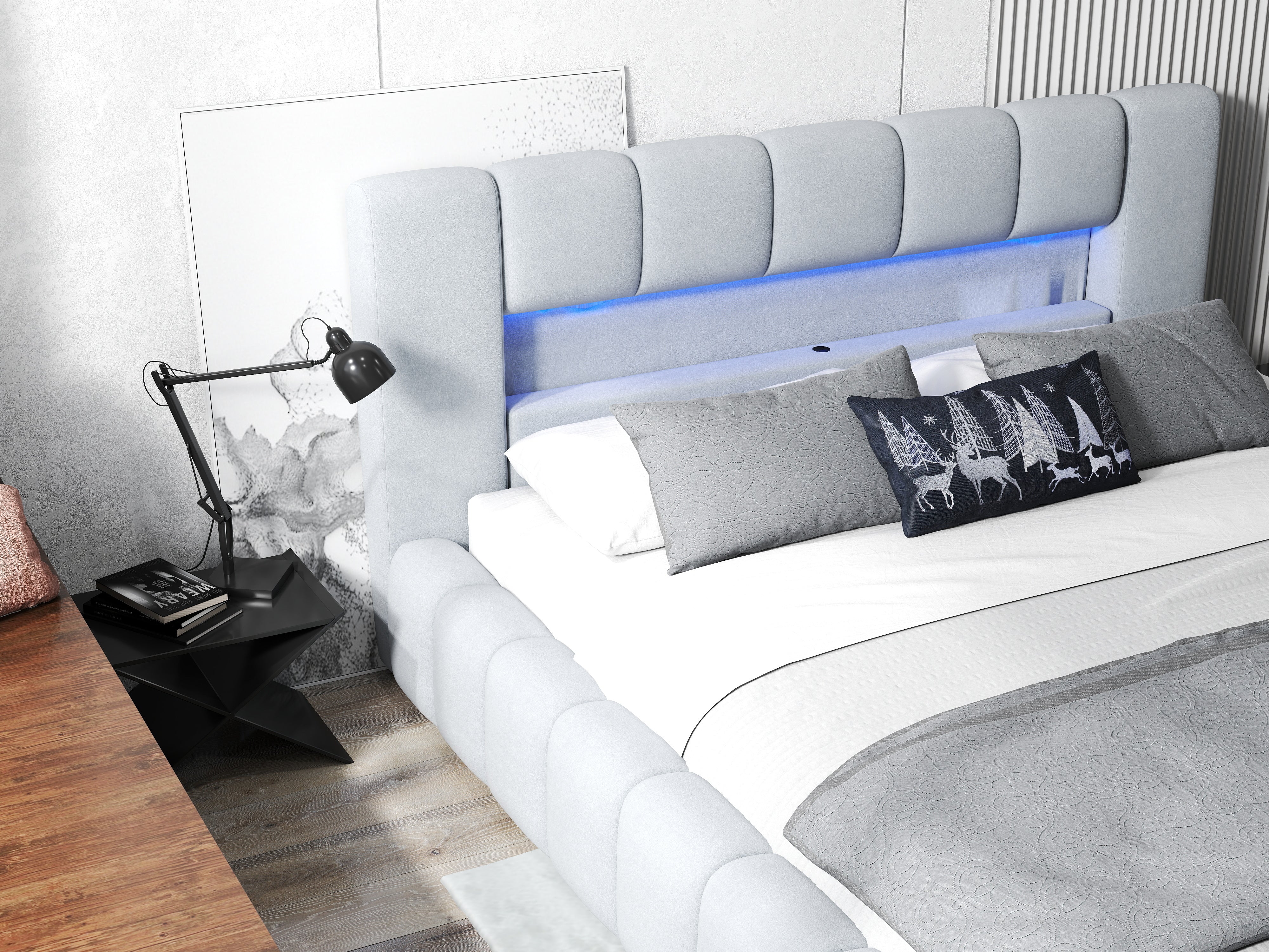 Pat dormitor dumonde, tapitat gri cu LED si USB, Palermo 180x200 cm, somiera rabatabila inclusa, spatiu depozitare WLS