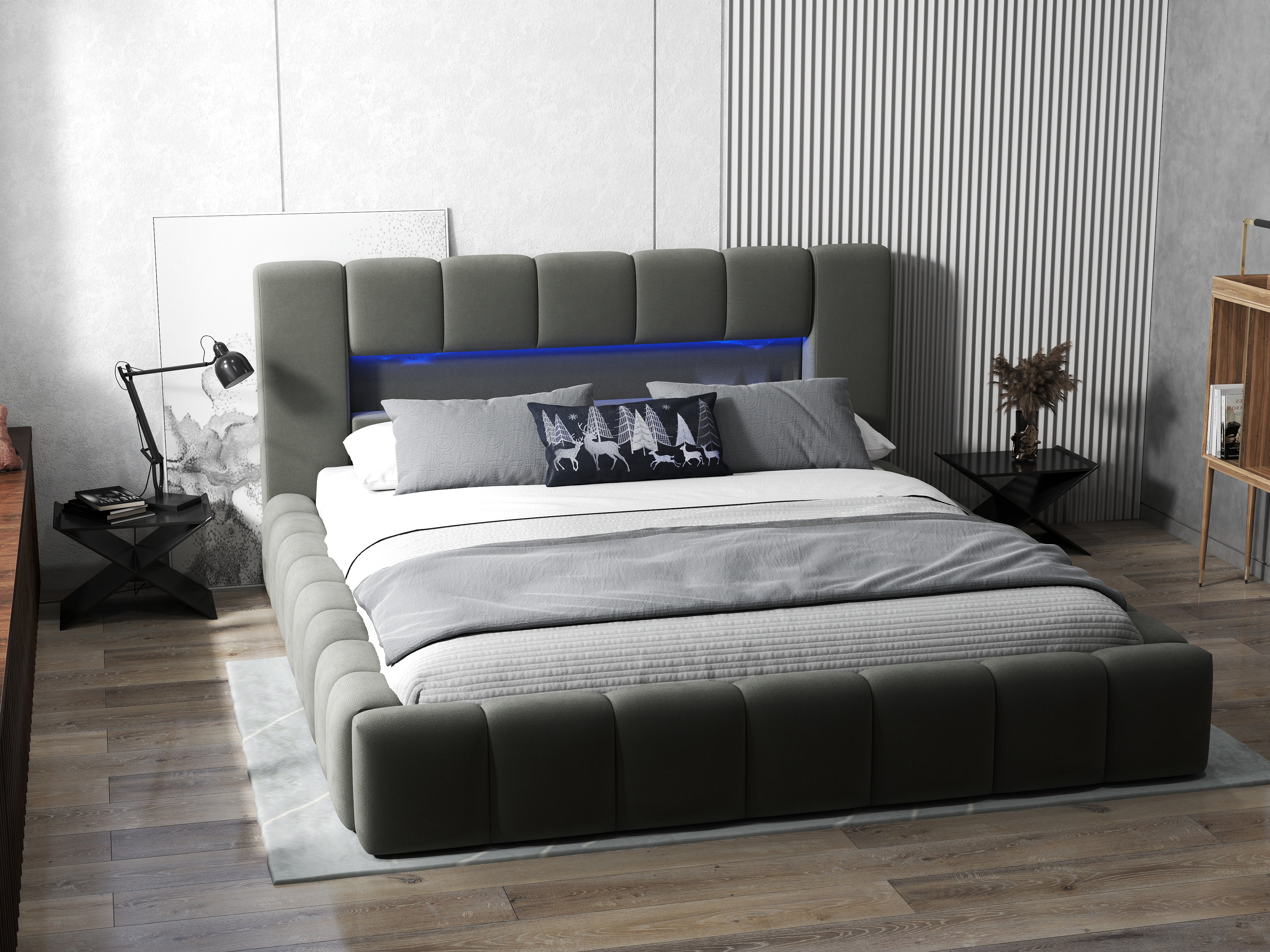 Pat dormitor dumonde, tapitat gri cu LED si USB, Palermo 160x200 cm, somiera rabatabila inclusa, spatiu depozitare WLS