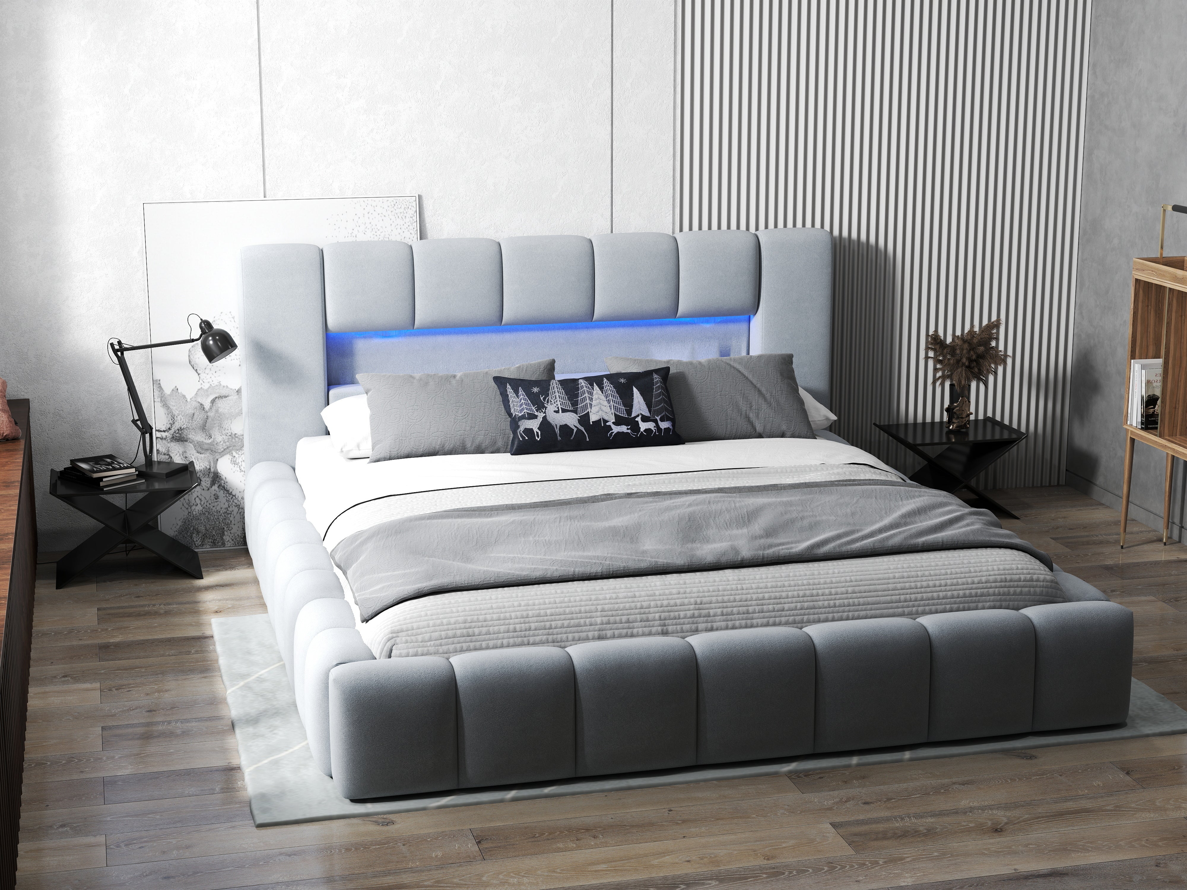 Pat dormitor dumonde, tapitat gri cu LED si USB, Palermo 140x200 cm, somiera rabatabila inclusa, spatiu depozitare WLS