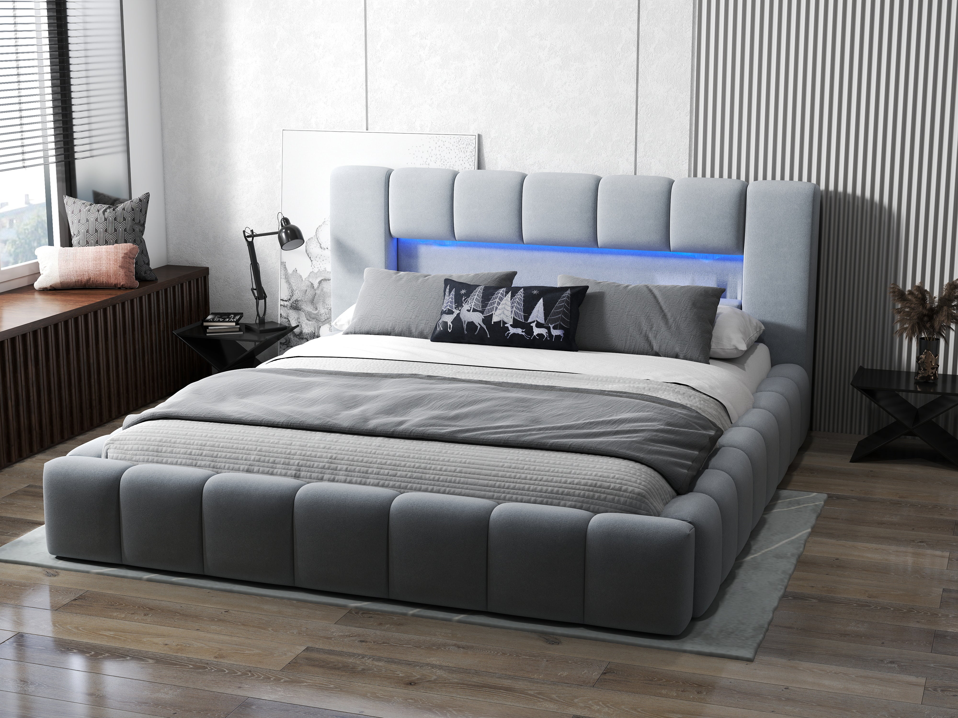 Pat dormitor dumonde, tapitat gri cu LED si USB, Palermo 180x200 cm, somiera rabatabila inclusa, spatiu depozitare WLS