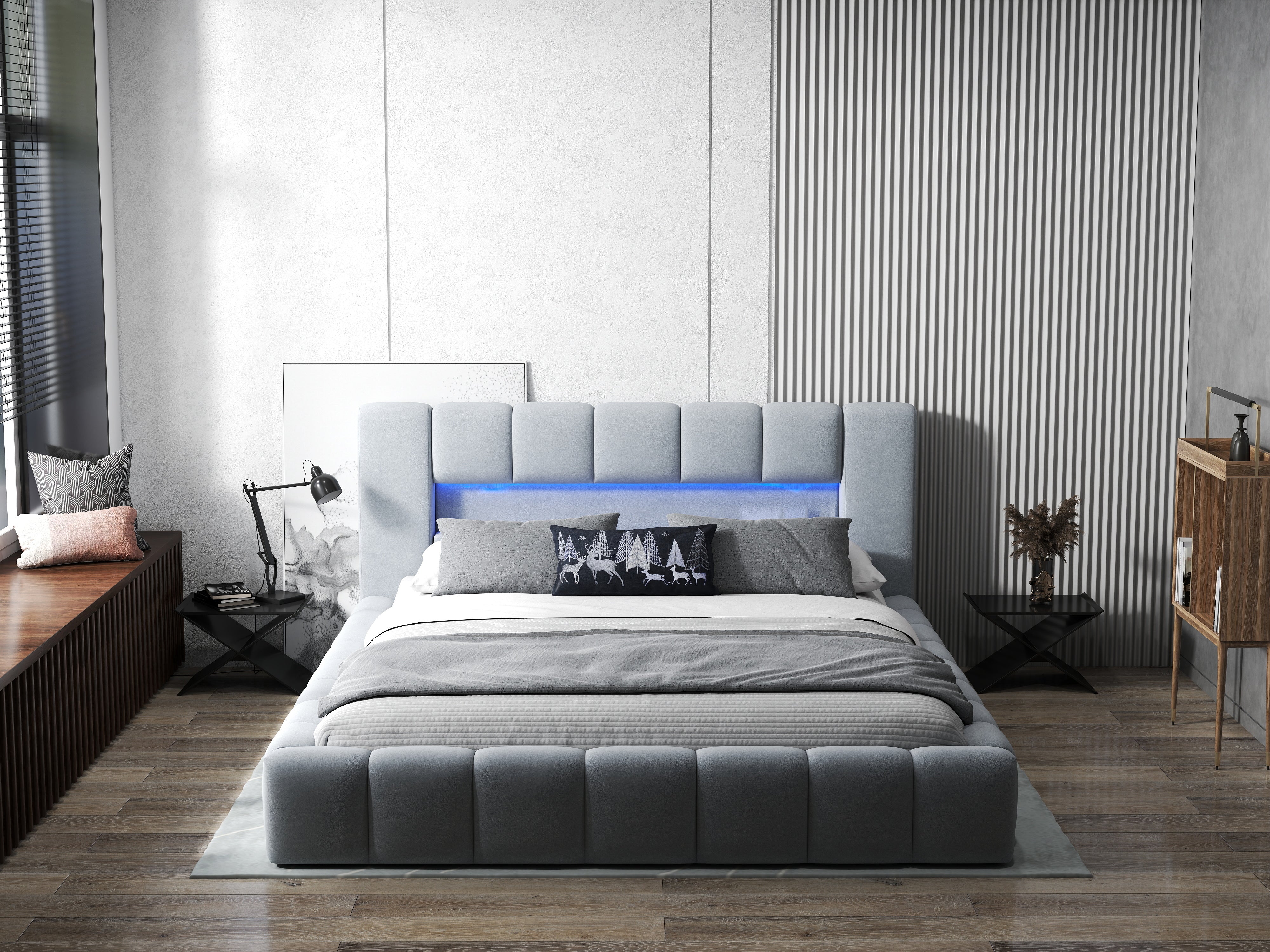 Pat dormitor dumonde, tapitat gri cu LED si USB, Palermo 180x200 cm, somiera rabatabila inclusa, spatiu depozitare WLS