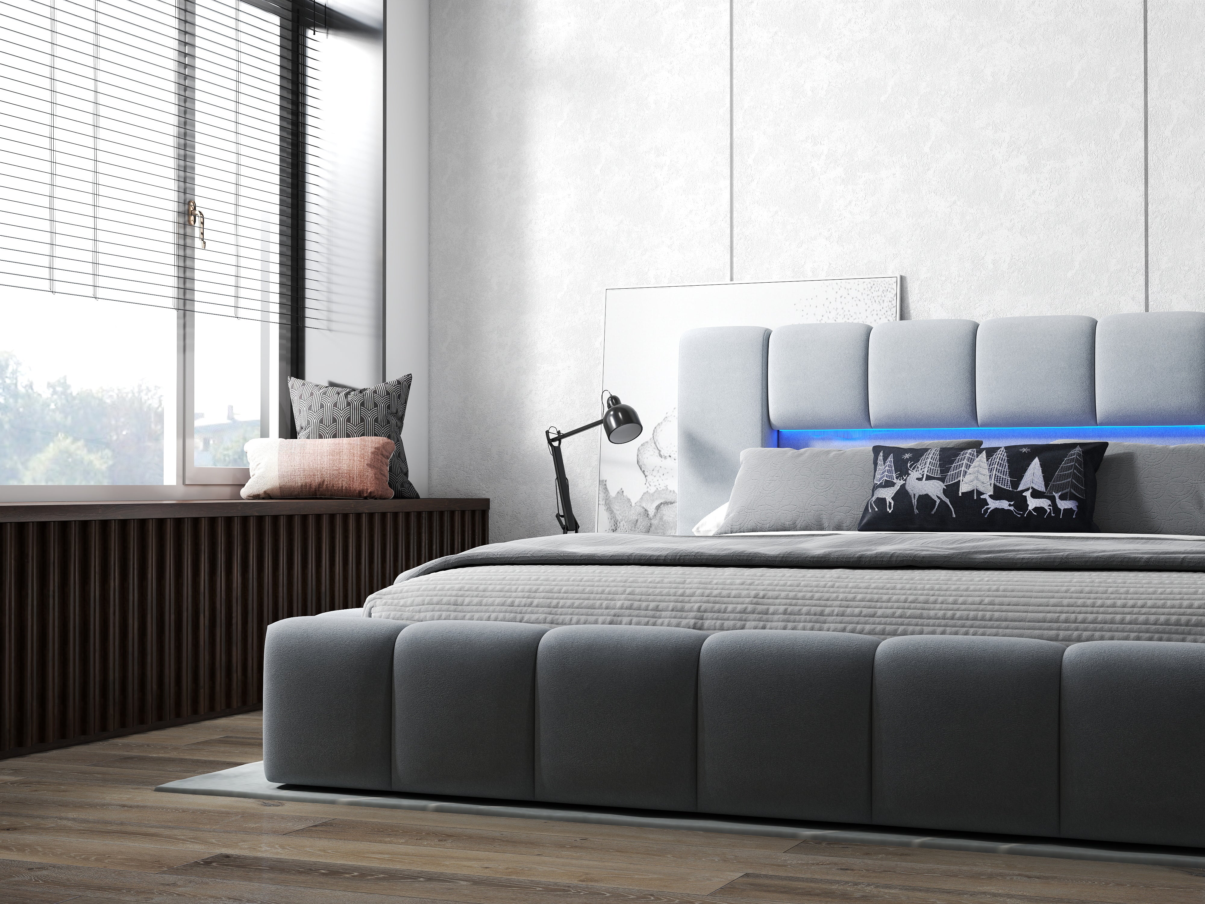 Pat dormitor dumonde, tapitat gri cu LED si USB, Palermo 140x200 cm, somiera rabatabila inclusa, spatiu depozitare WLS