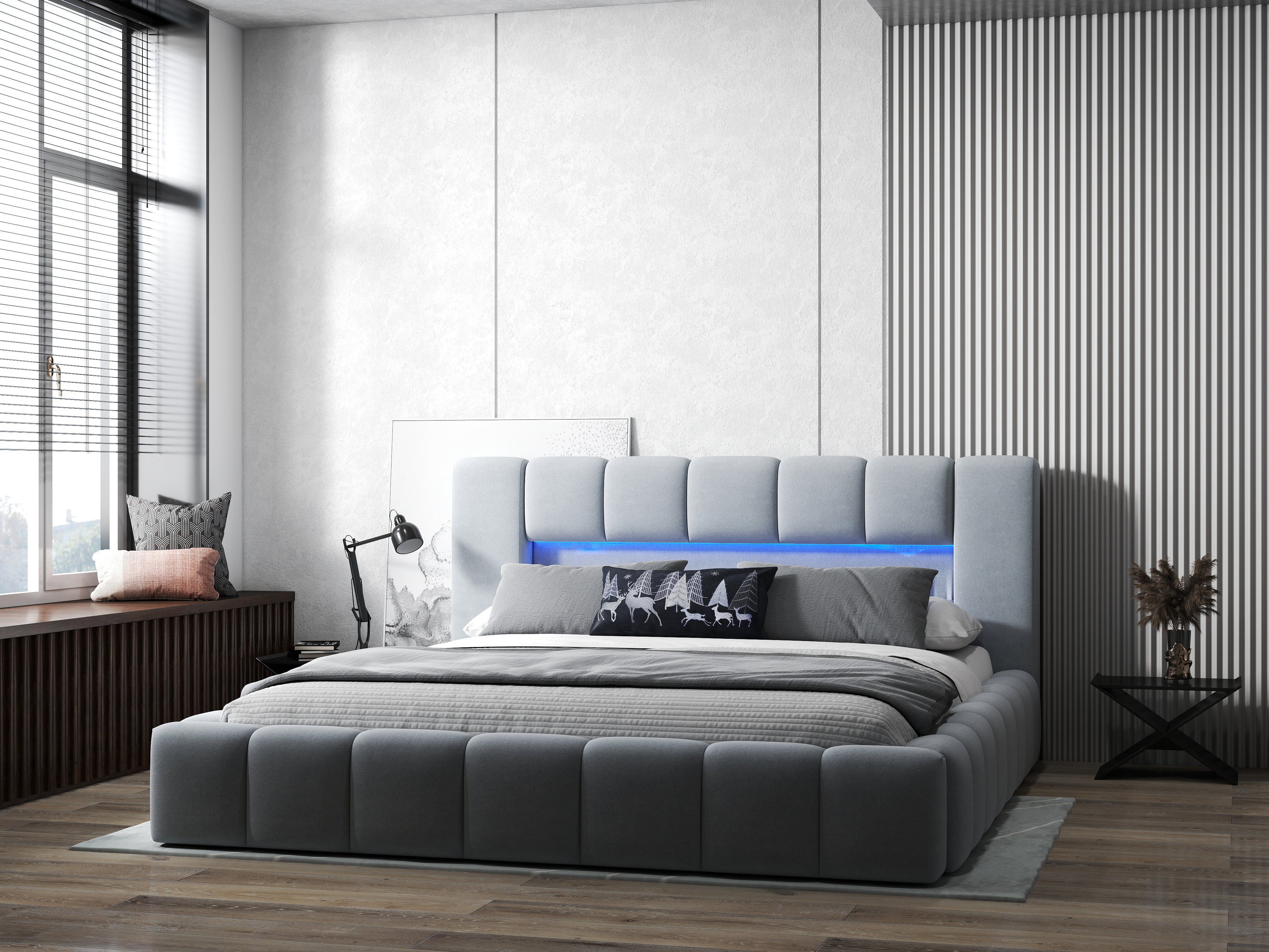 Pat dormitor dumonde, tapitat gri cu LED si USB, Palermo 160x200 cm, somiera rabatabila inclusa, spatiu depozitare WLS