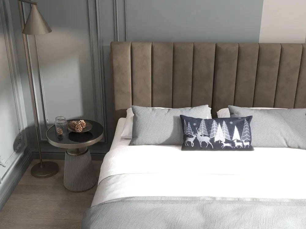 Pat dormitor dumonde, tapitat maro, Santiago 180x200 cm, somiera rabatabila inclusa, spatiu depozitare