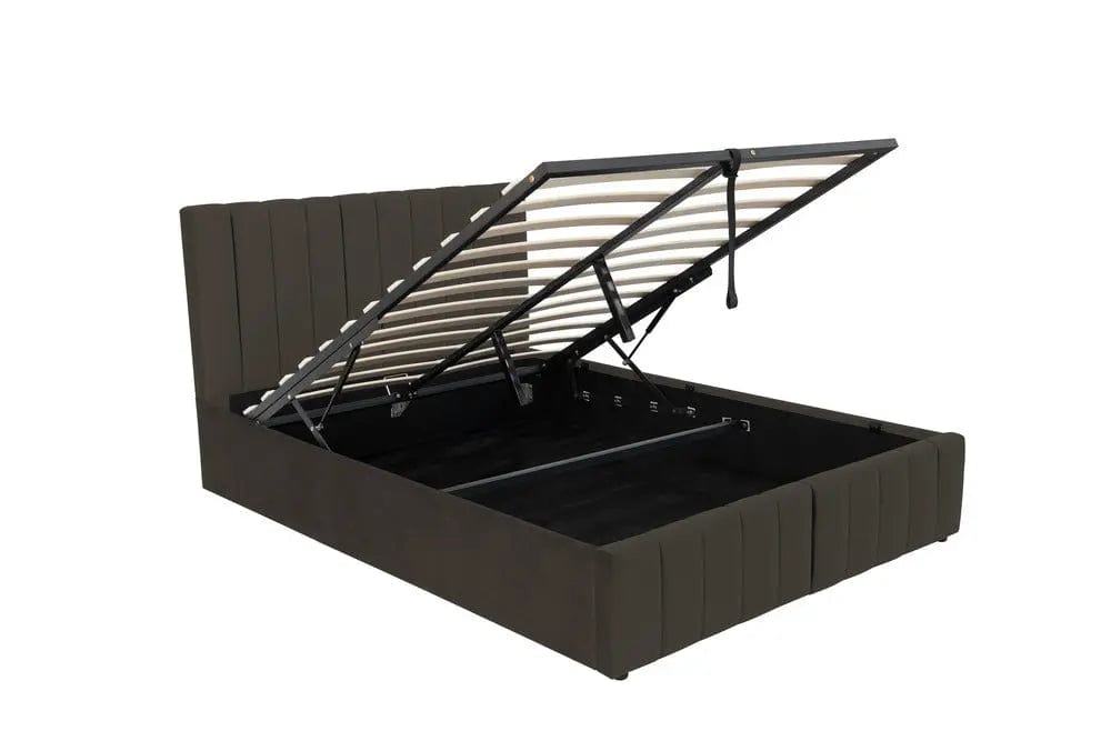 Pat dormitor dumonde, tapitat maro, Santiago 180x200 cm, somiera rabatabila inclusa, spatiu depozitare