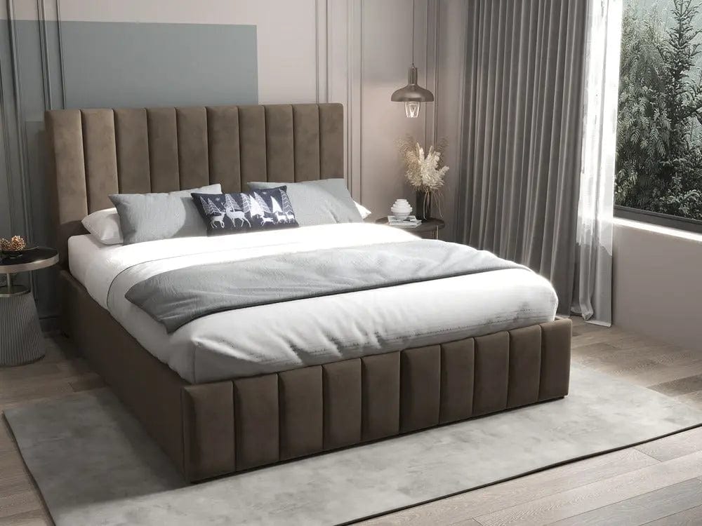 Pat dormitor dumonde, tapitat maro, Santiago 180x200 cm, somiera rabatabila inclusa, spatiu depozitare