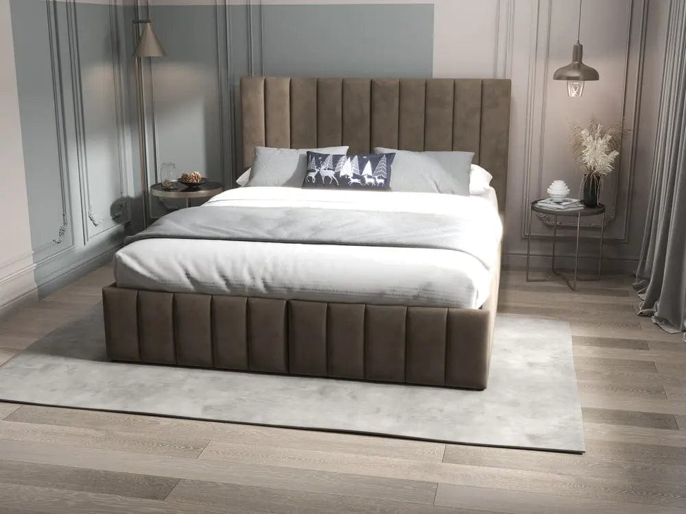 Pat dormitor dumonde, tapitat maro, Santiago 180x200 cm, somiera rabatabila inclusa, spatiu depozitare