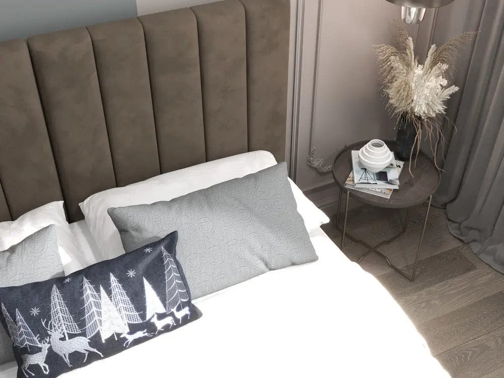 Pat dormitor dumonde, tapitat maro, Santiago 180x200 cm, somiera rabatabila inclusa, spatiu depozitare