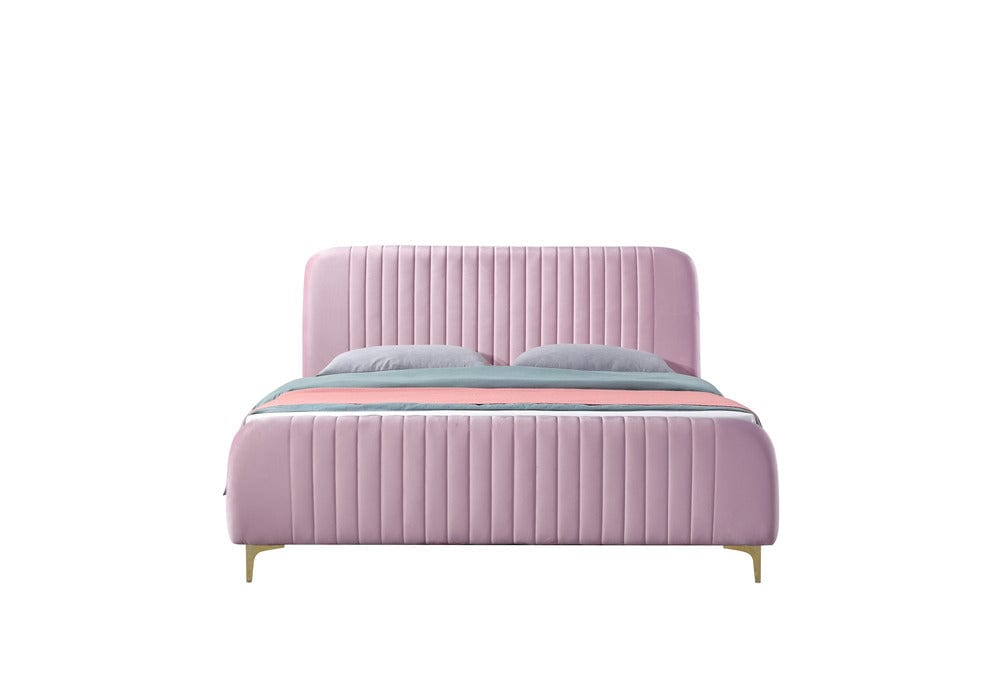 Pat dormitor dumonde, tapitat roz, Orlando 180x200 cm, lada depozitare, somiera rabatabila inclusa CRNB