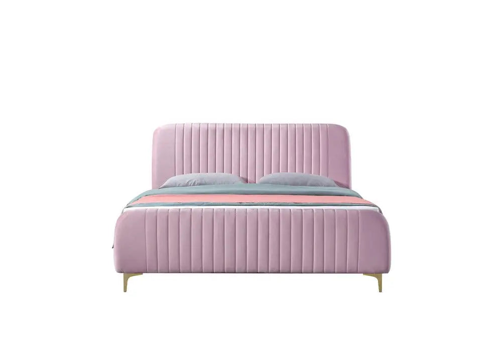 Pat dormitor dumonde, tapitat roz, Orlando 180x200 cm, lada depozitare, somiera rabatabila inclusa CRNB