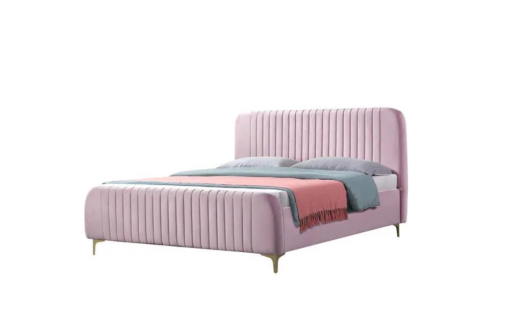 Pat dormitor dumonde, tapitat roz, Orlando 180x200 cm, lada depozitare, somiera rabatabila inclusa CRNB