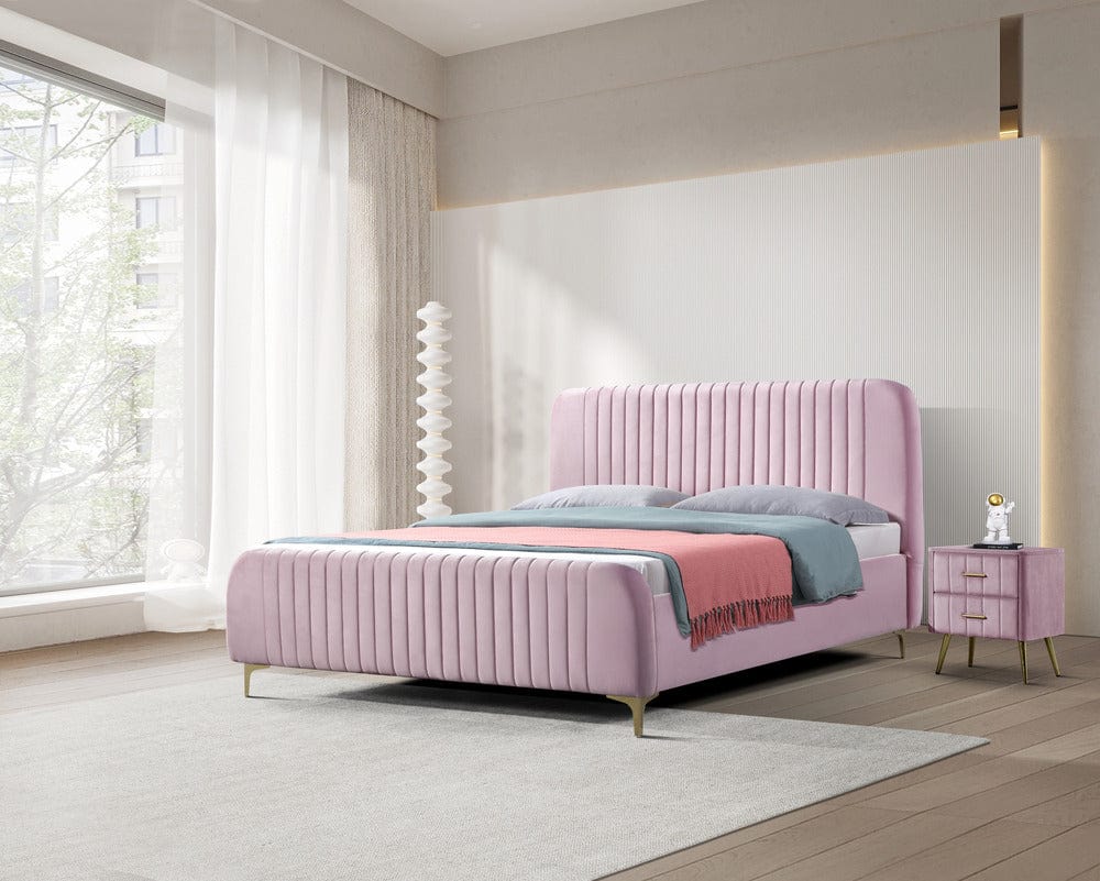 Pat dormitor dumonde, tapitat roz, Orlando 180x200 cm, lada depozitare, somiera rabatabila inclusa CRNB