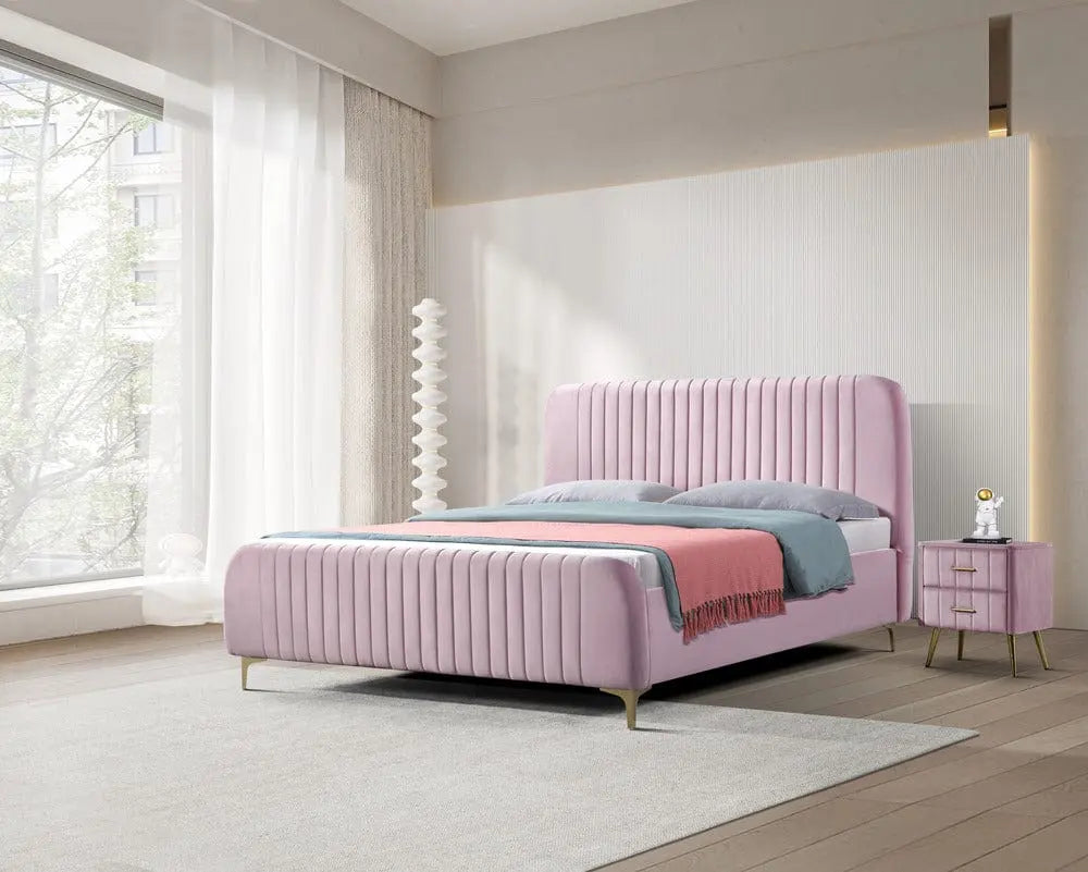 Pat dormitor dumonde, tapitat roz, Orlando 180x200 cm, lada depozitare, somiera rabatabila inclusa CRNB